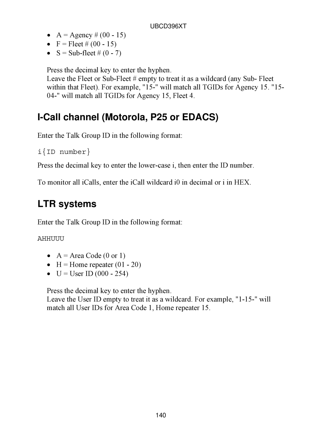 Uniden UBCD396XT owner manual Call channel Motorola, P25 or Edacs, LTR systems 