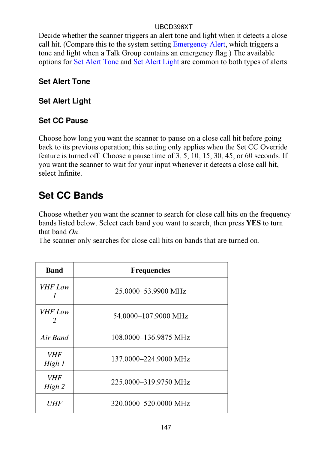 Uniden UBCD396XT owner manual Set CC Bands, Set Alert Tone Set Alert Light Set CC Pause, Band Frequencies 