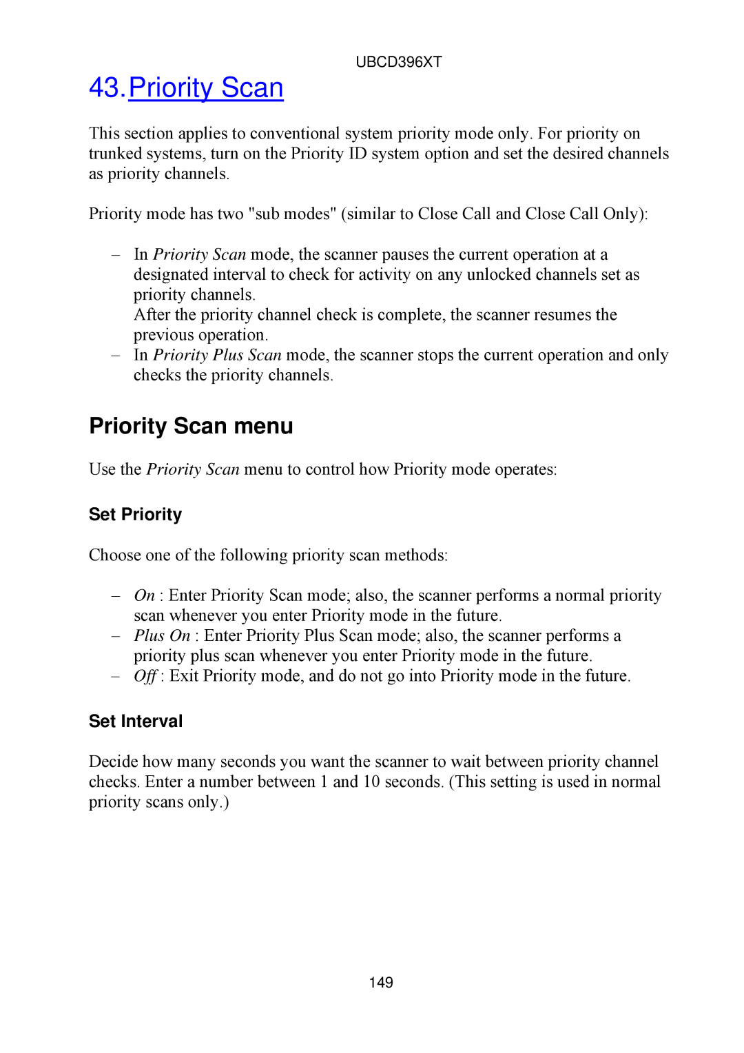 Uniden UBCD396XT owner manual Priority Scan menu, Set Interval 