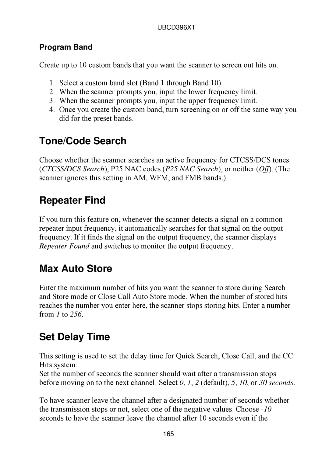 Uniden UBCD396XT owner manual Tone/Code Search, Repeater Find, Max Auto Store, Set Delay Time, Program Band 