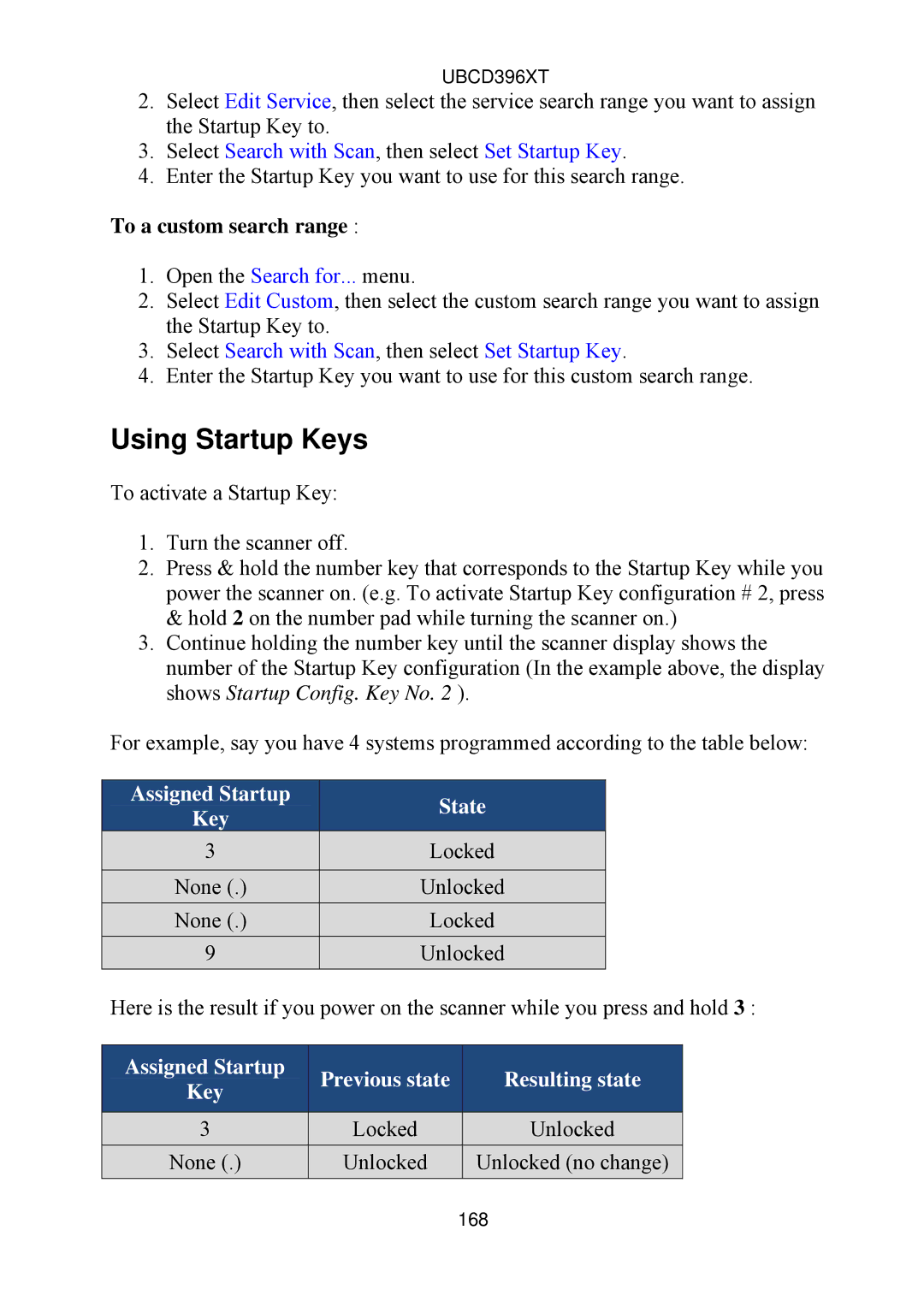 Uniden UBCD396XT owner manual Using Startup Keys, Assigned Startup State Key 