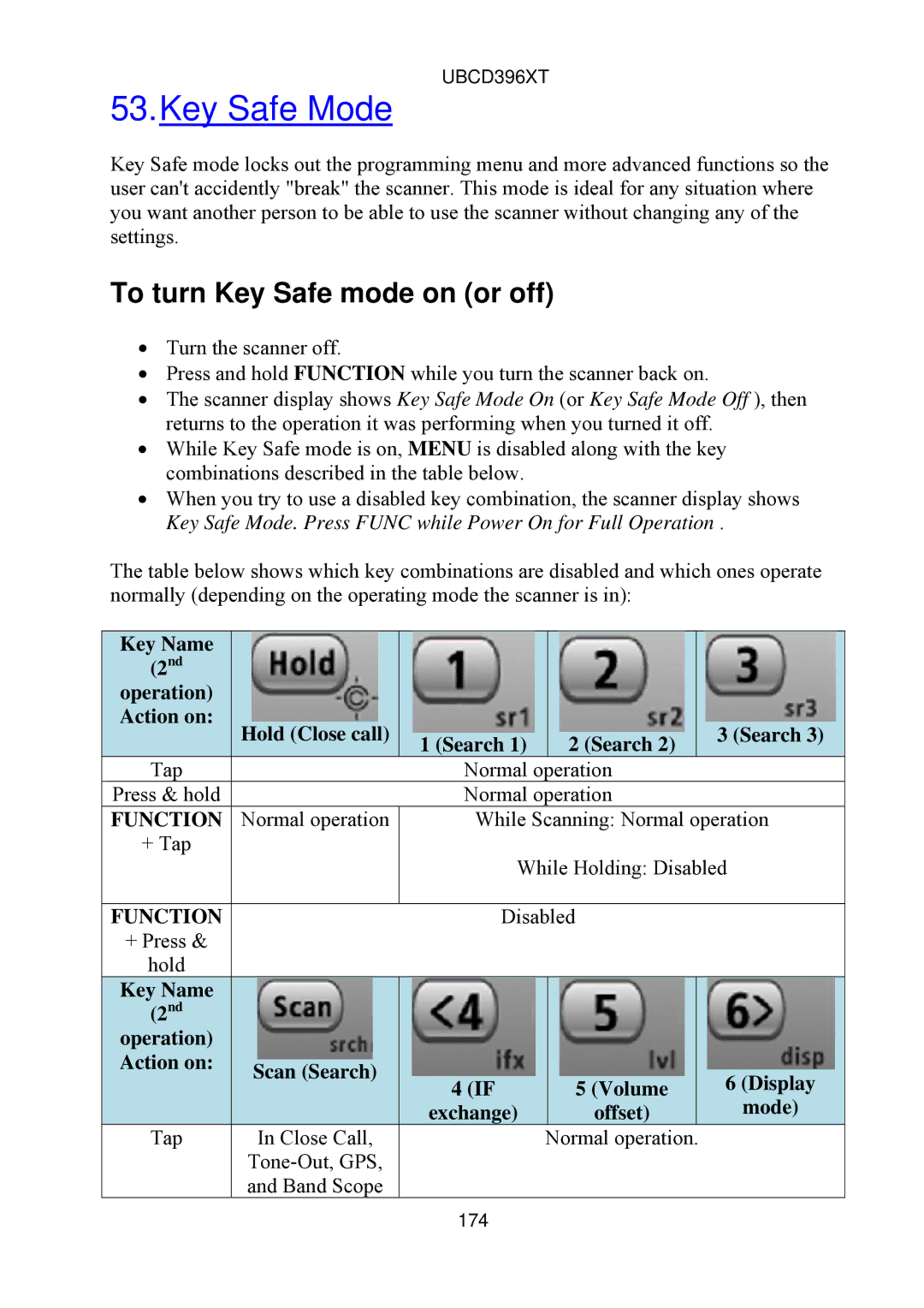 Uniden UBCD396XT owner manual Key Safe Mode, To turn Key Safe mode on or off 