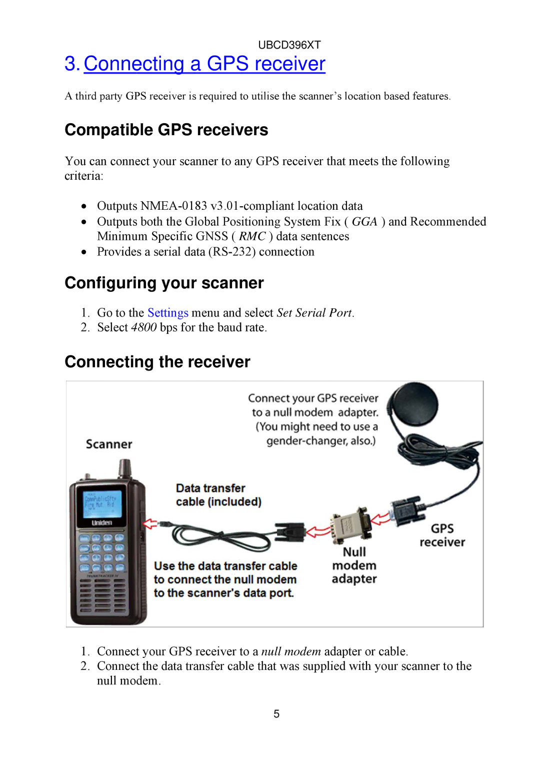 Uniden UBCD396XT Connecting a GPS receiver, Compatible GPS receivers, Configuring your scanner, Connecting the receiver 