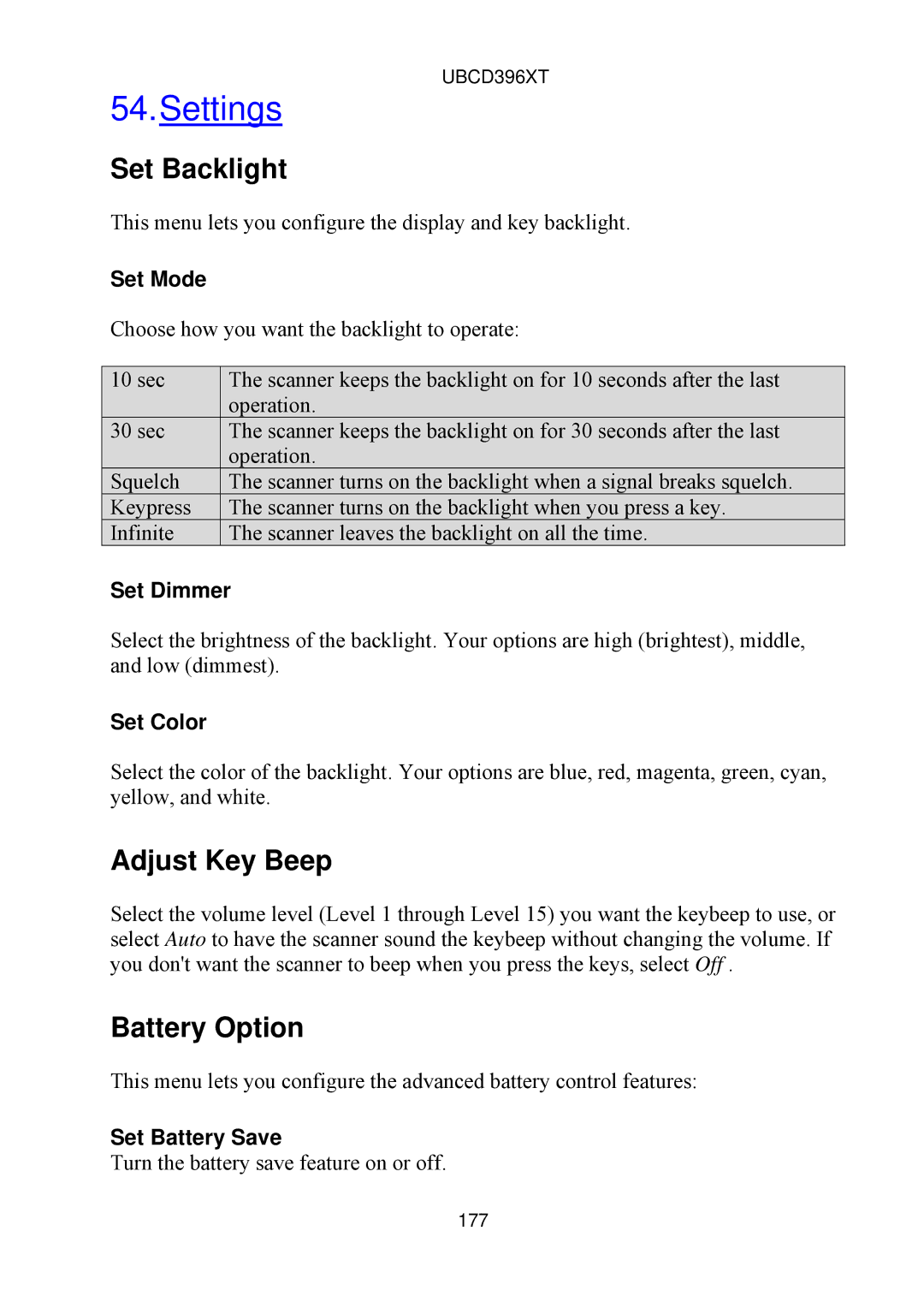 Uniden UBCD396XT owner manual Settings, Set Backlight, Adjust Key Beep, Battery Option 