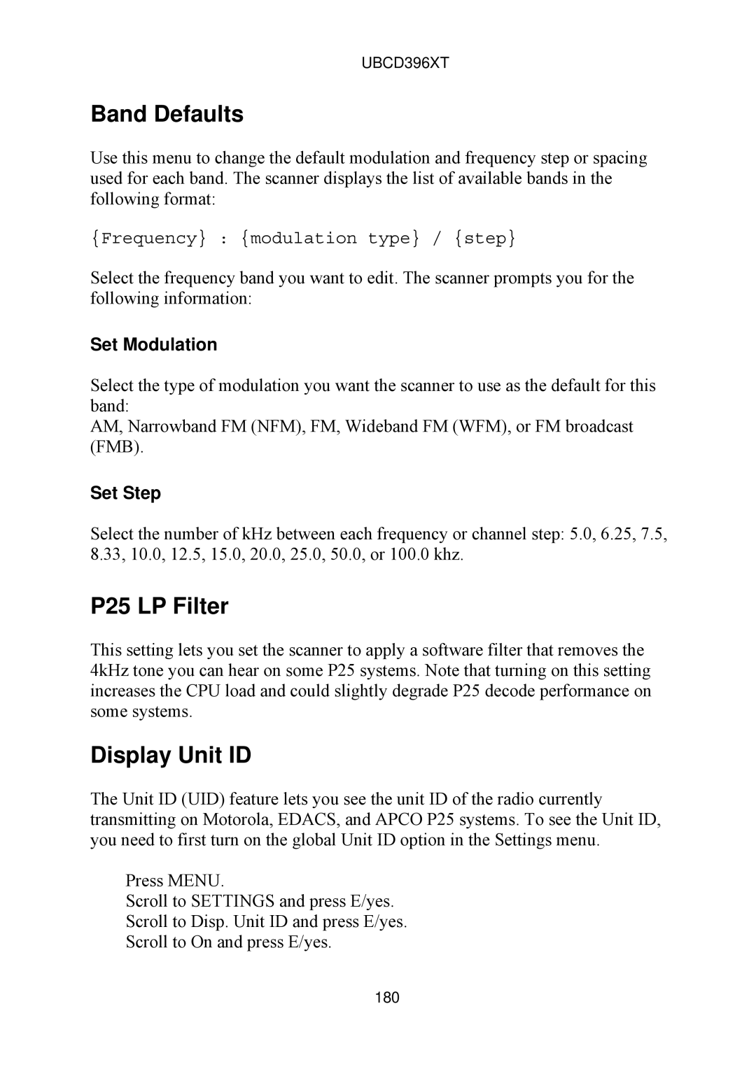 Uniden UBCD396XT owner manual Band Defaults, P25 LP Filter, Display Unit ID 