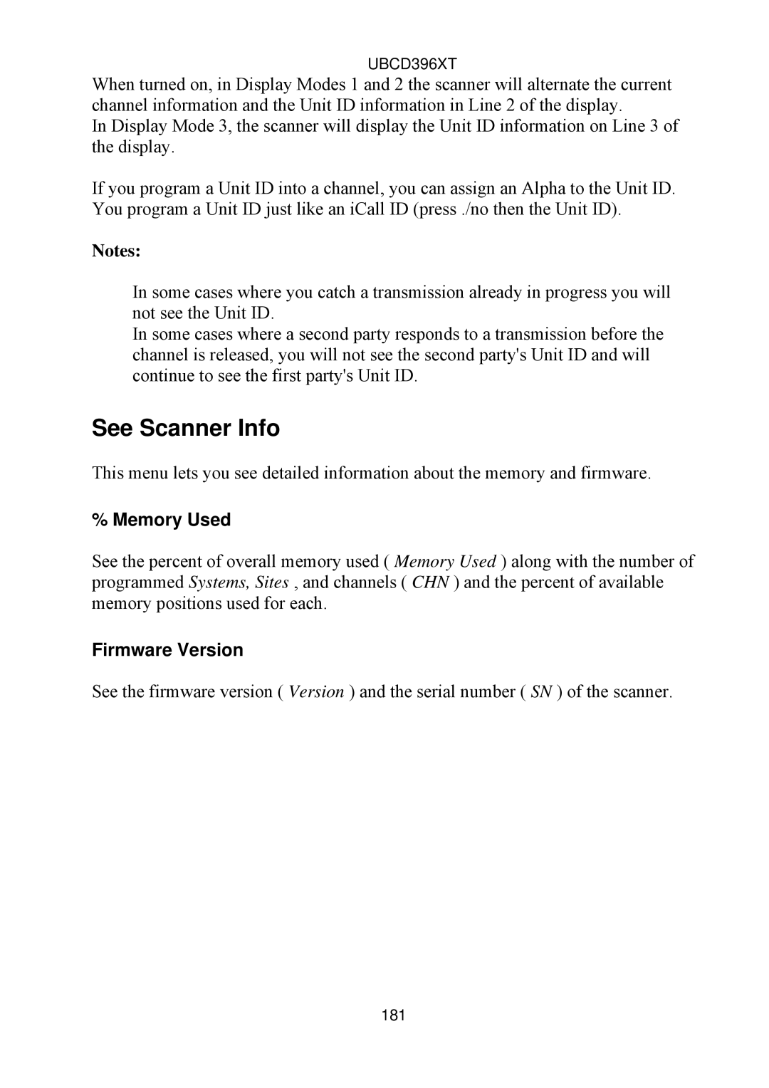 Uniden UBCD396XT owner manual See Scanner Info, Memory Used, Firmware Version 