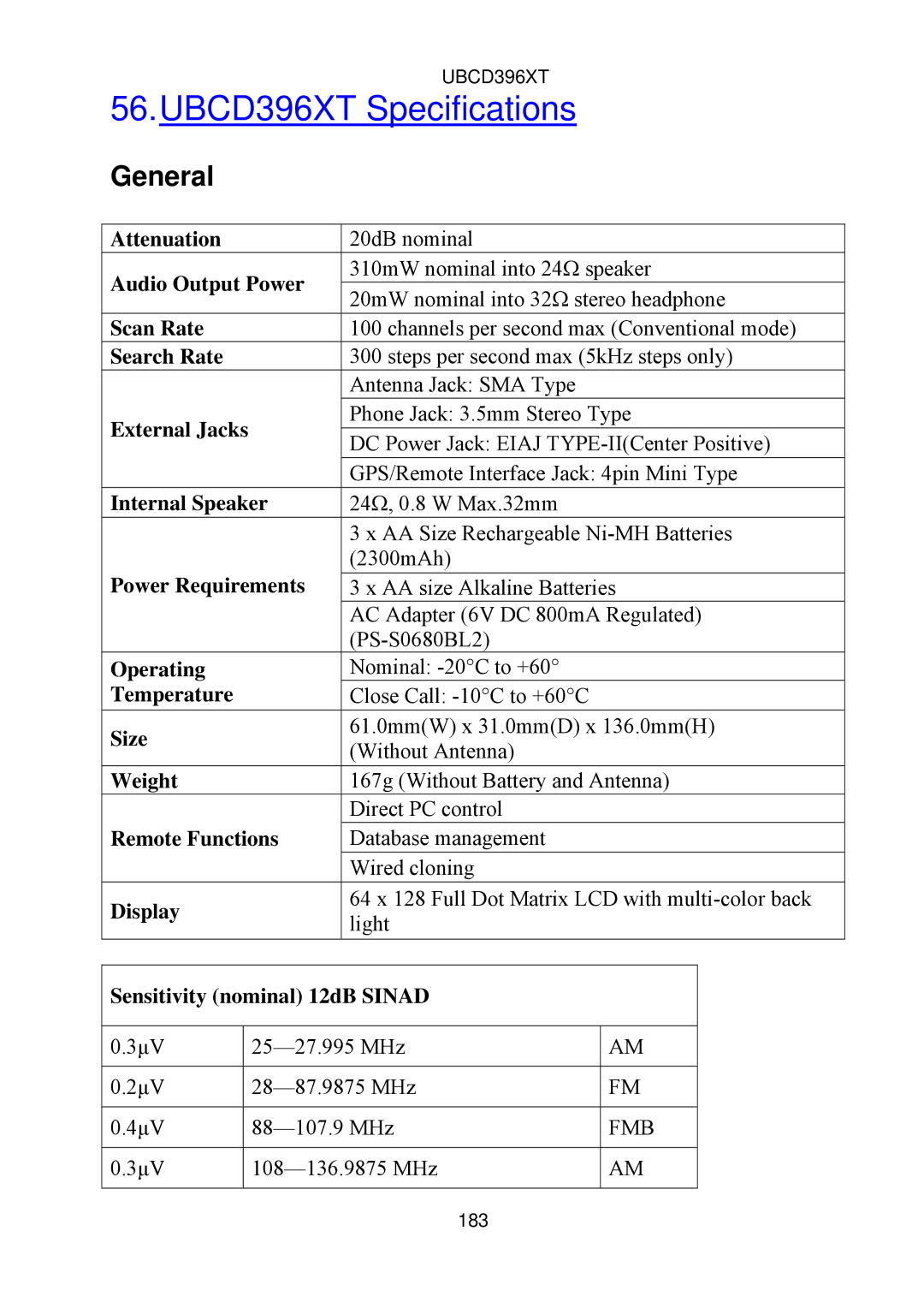 Uniden owner manual UBCD396XT Specifications, General, Sensitivity nominal 12dB Sinad 