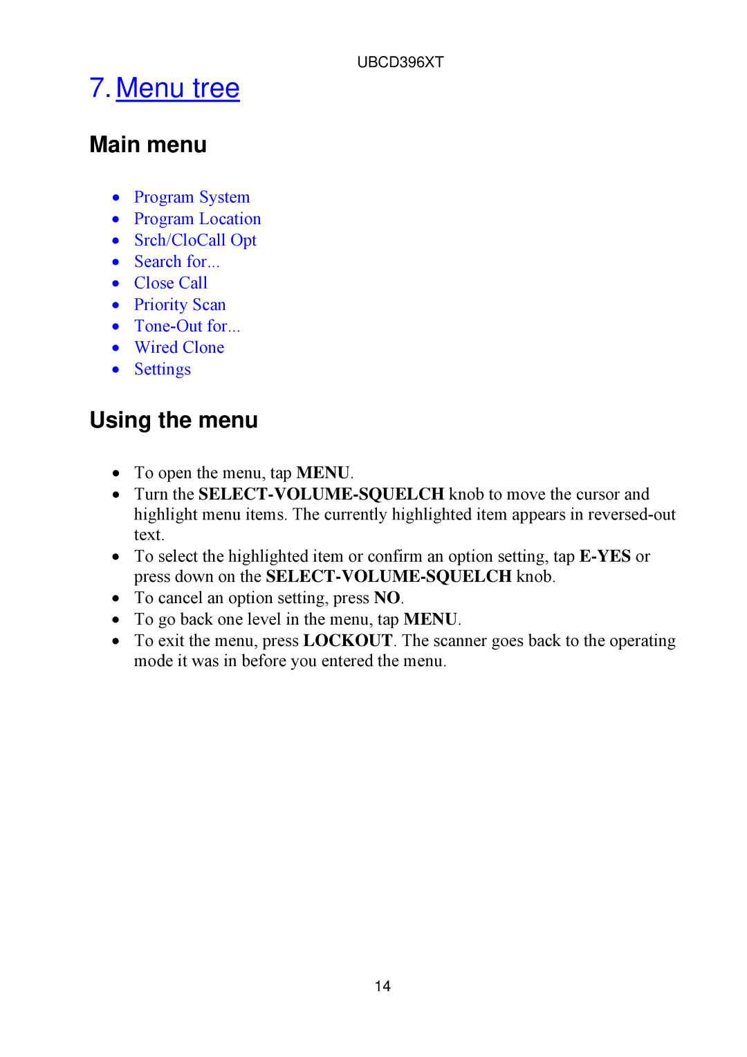 Uniden UBCD396XT owner manual Menu tree, Main menu, Using the menu 