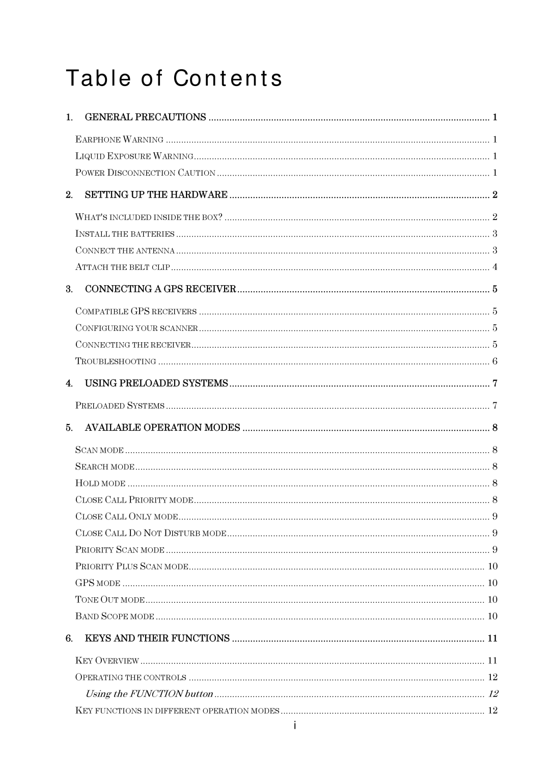 Uniden UBCD396XT owner manual Table of Contents 