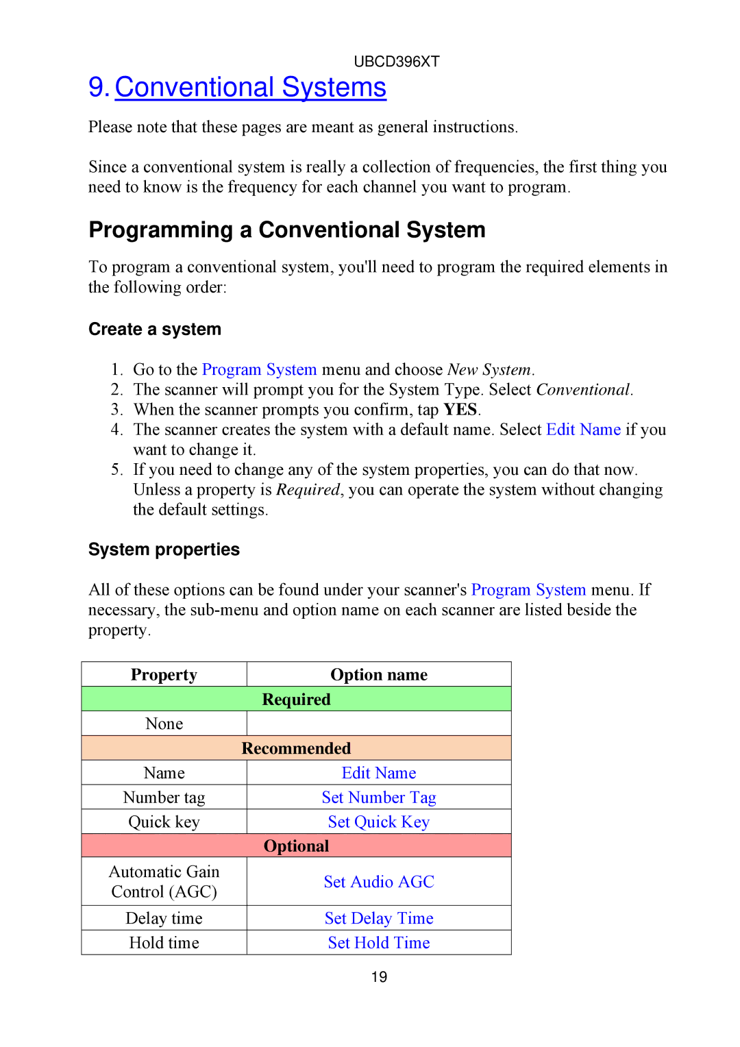 Uniden UBCD396XT owner manual Conventional Systems, Programming a Conventional System, Create a system, System properties 