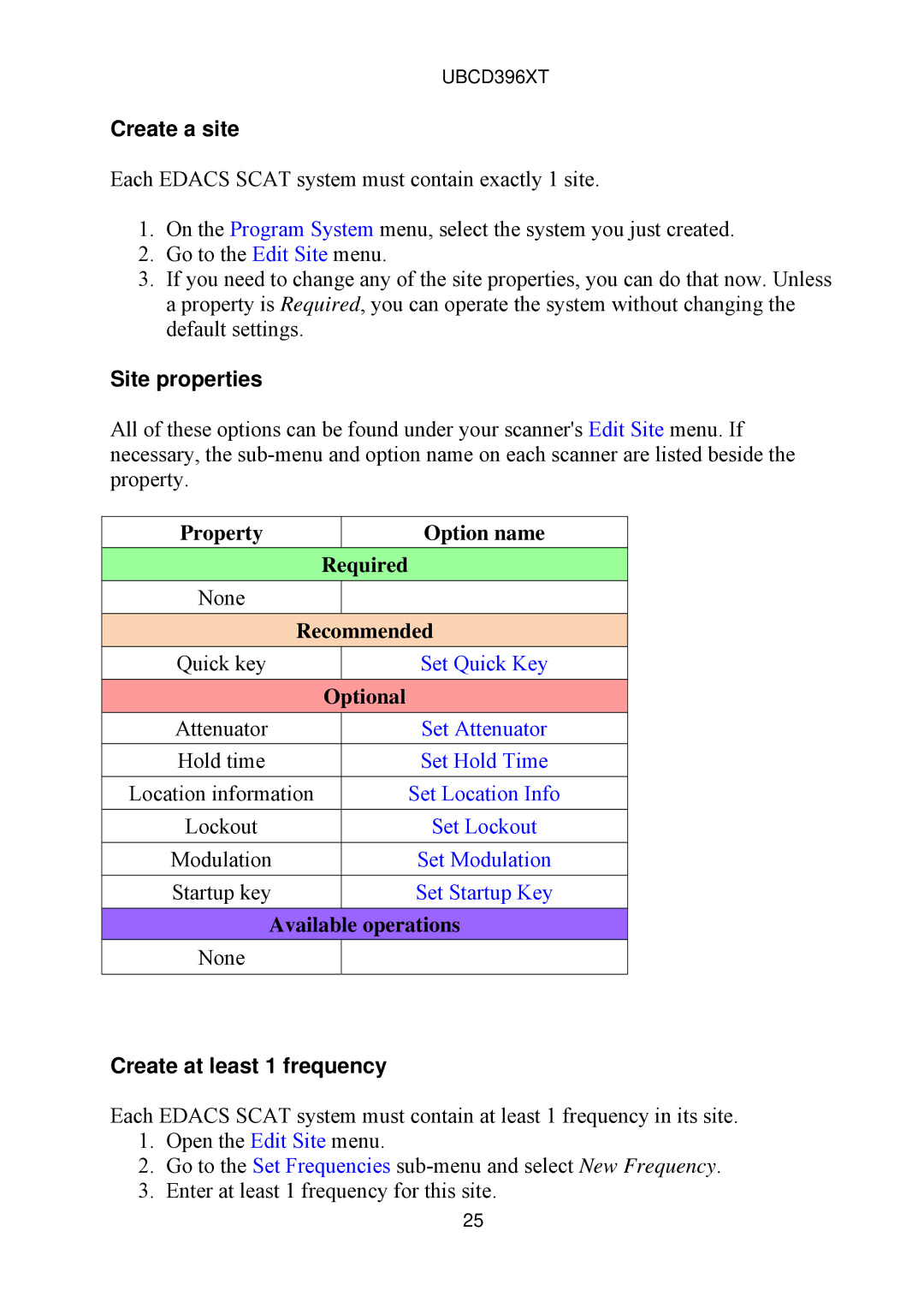 Uniden UBCD396XT owner manual Create a site, Site properties, Create at least 1 frequency 