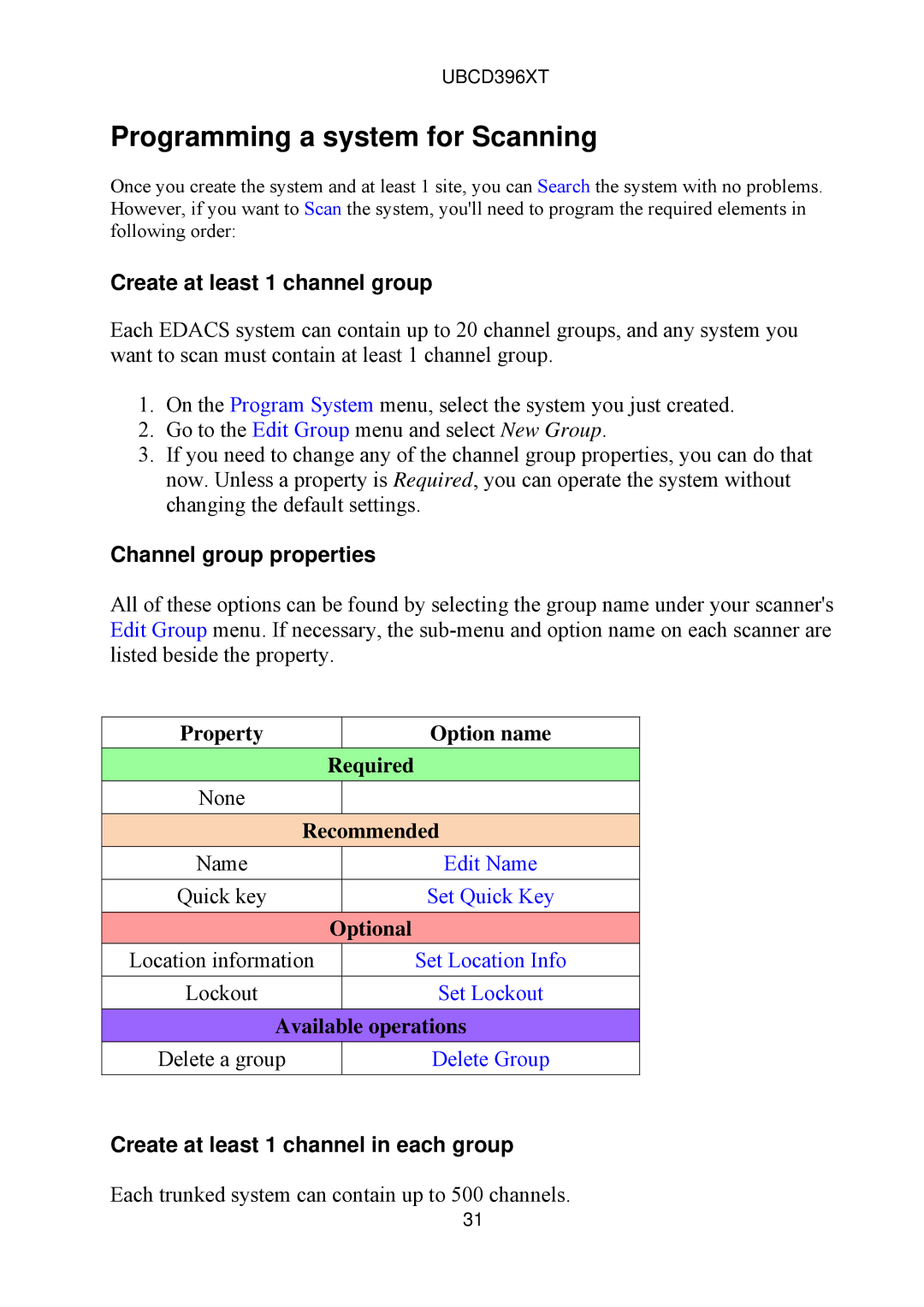 Uniden UBCD396XT owner manual Programming a system for Scanning, Create at least 1 channel group 