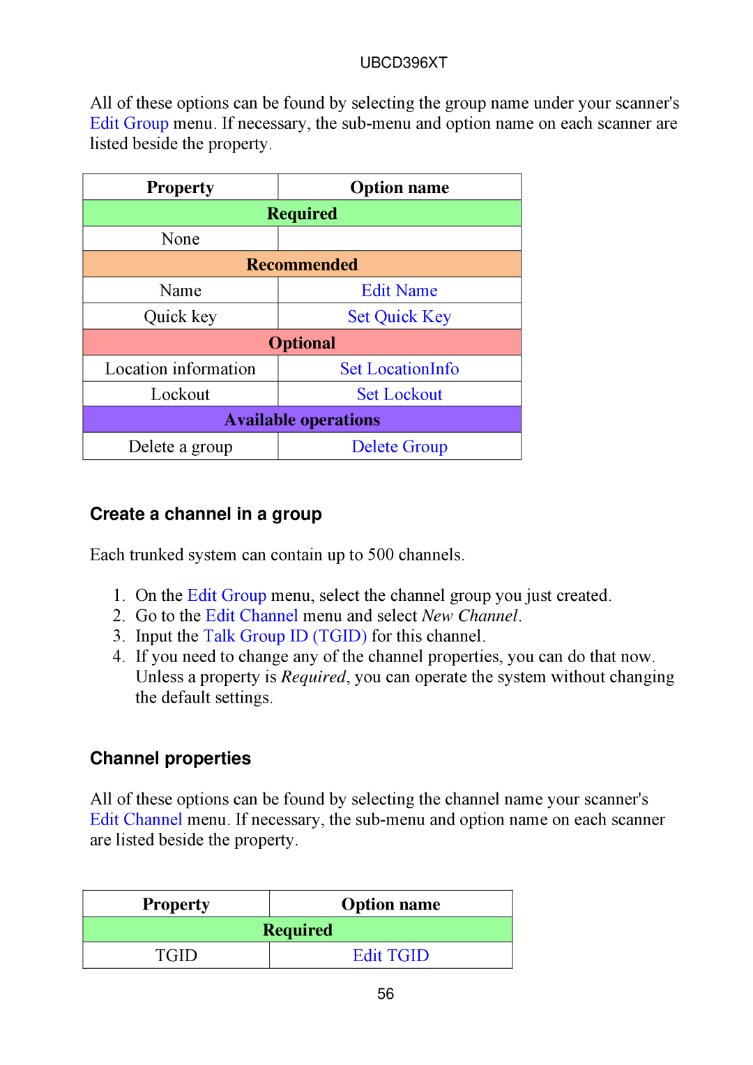 Uniden UBCD396XT owner manual Property Option name Required None Recommended Name, Create a channel in a group 