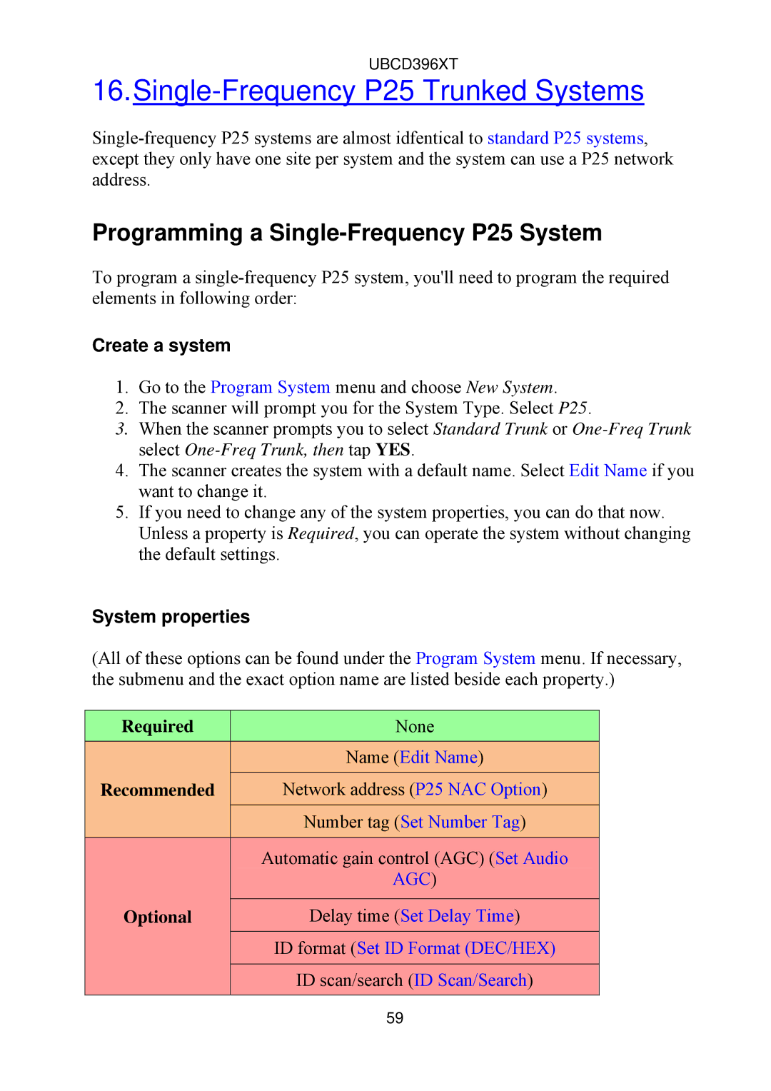 Uniden UBCD396XT owner manual Single-Frequency P25 Trunked Systems, Programming a Single-Frequency P25 System 