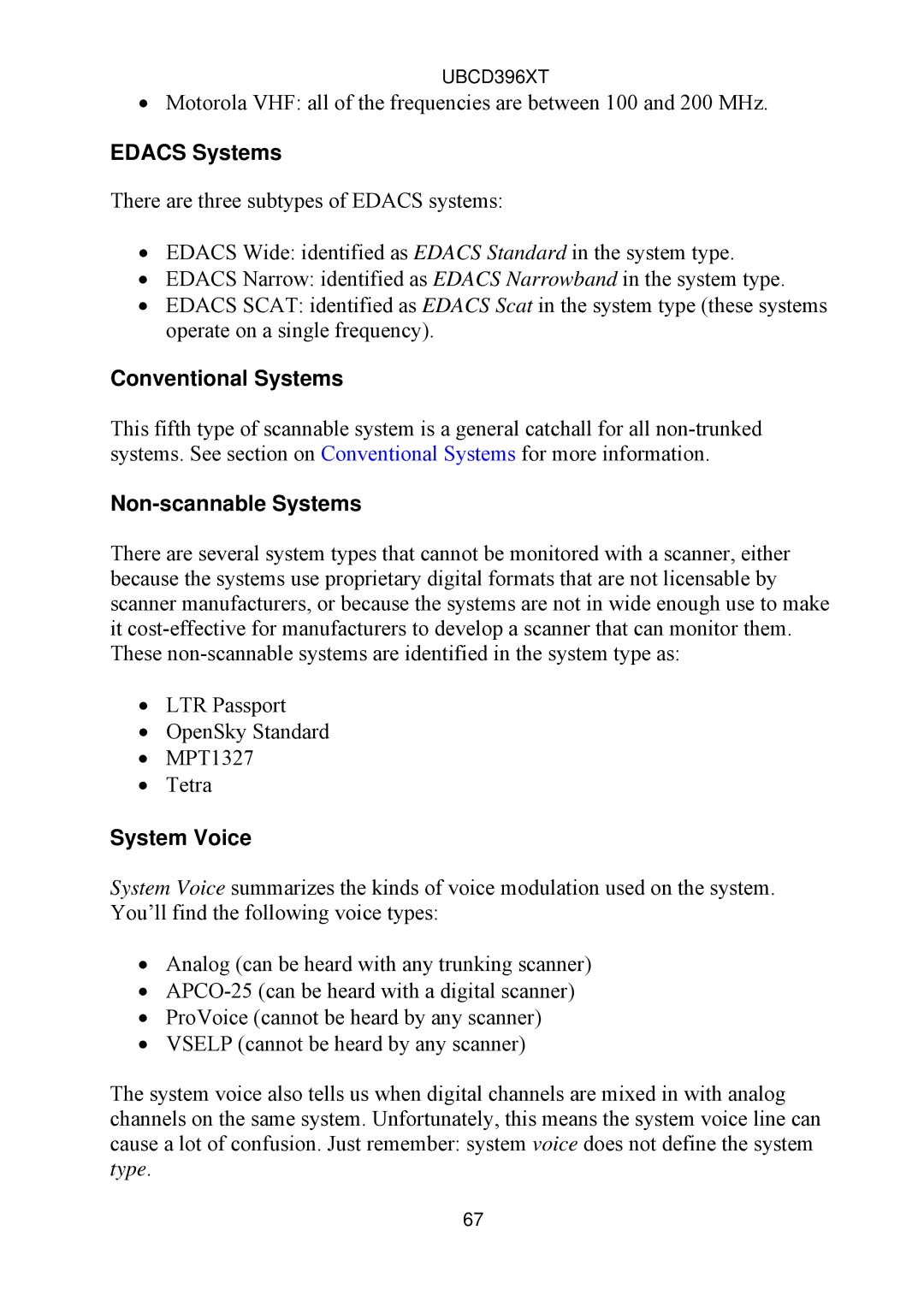 Uniden UBCD396XT owner manual Edacs Systems, Conventional Systems, Non-scannable Systems, System Voice 