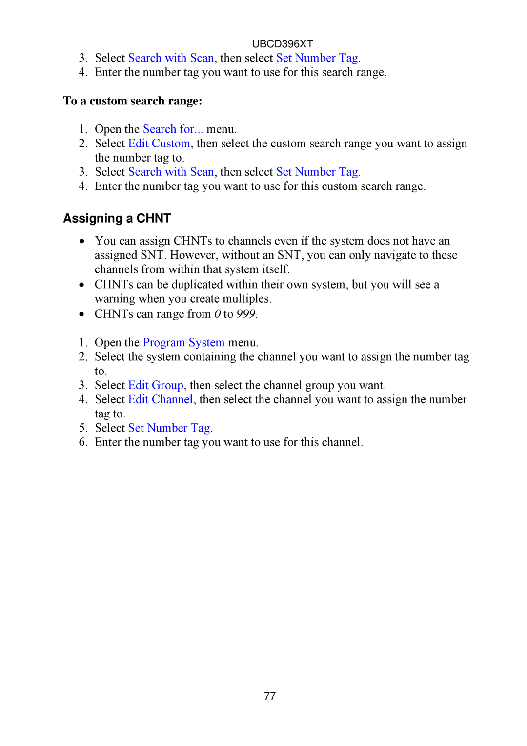 Uniden UBCD396XT owner manual To a custom search range, Assigning a Chnt 
