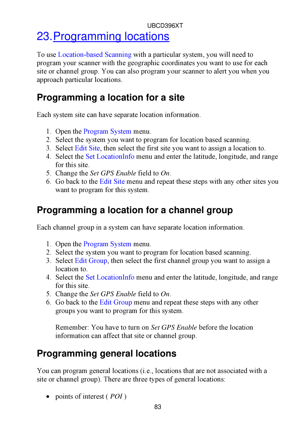 Uniden UBCD396XT Programming locations, Programming a location for a site, Programming a location for a channel group 