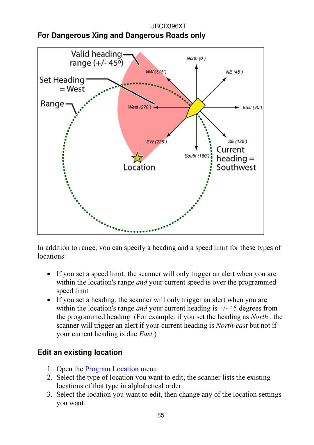 Uniden UBCD396XT owner manual For Dangerous Xing and Dangerous Roads only, Edit an existing location 