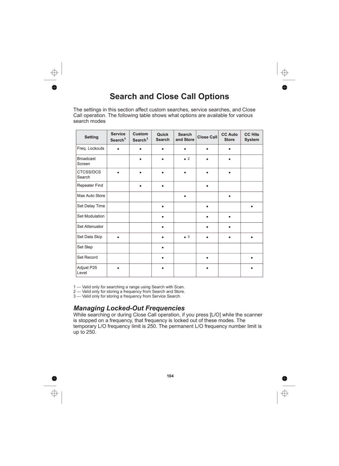 Uniden UBCD996T manual Search and Close Call Options, Managing Locked-Out Frequencies 