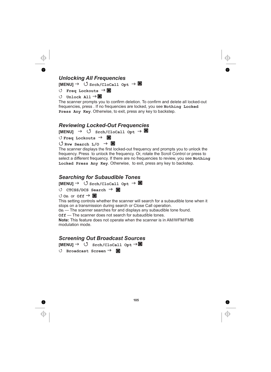 Uniden UBCD996T manual Unlocking All Frequencies, Reviewing Locked-Out Frequencies, Searching for Subaudible Tones 