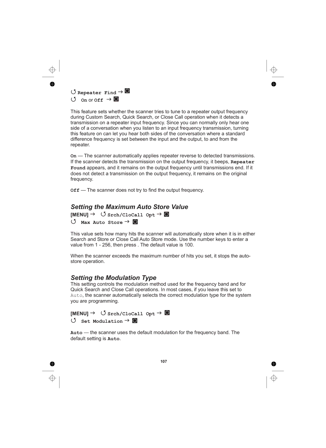 Uniden UBCD996T manual Setting the Maximum Auto Store Value, Setting the Modulation Type, Repeater Find On or Off 