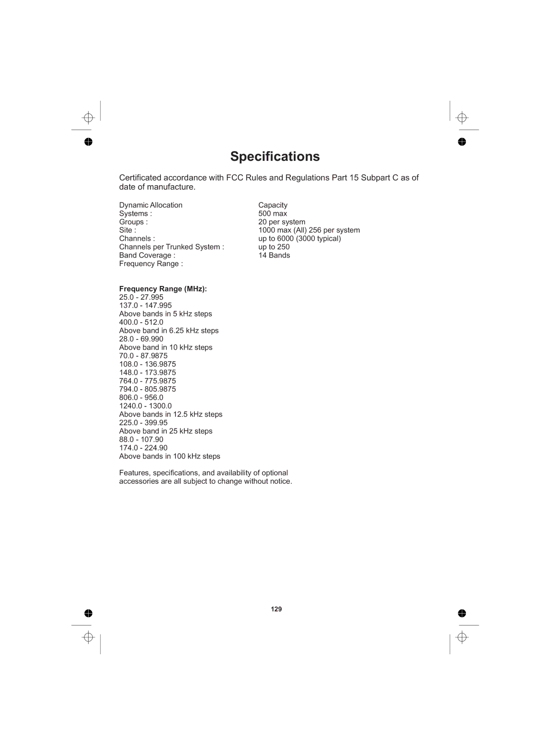 Uniden UBCD996T manual Specifications, Frequency Range MHz 