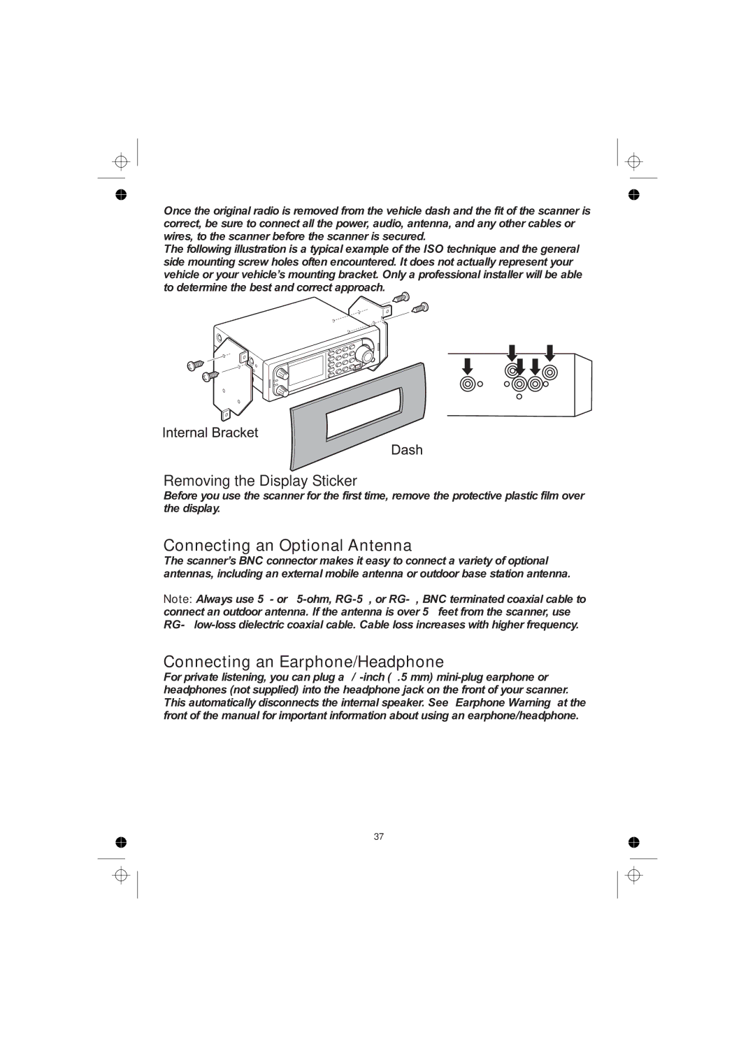 Uniden UBCD996T manual Connecting an Optional Antenna, Connecting an Earphone/Headphone, Removing the Display Sticker 