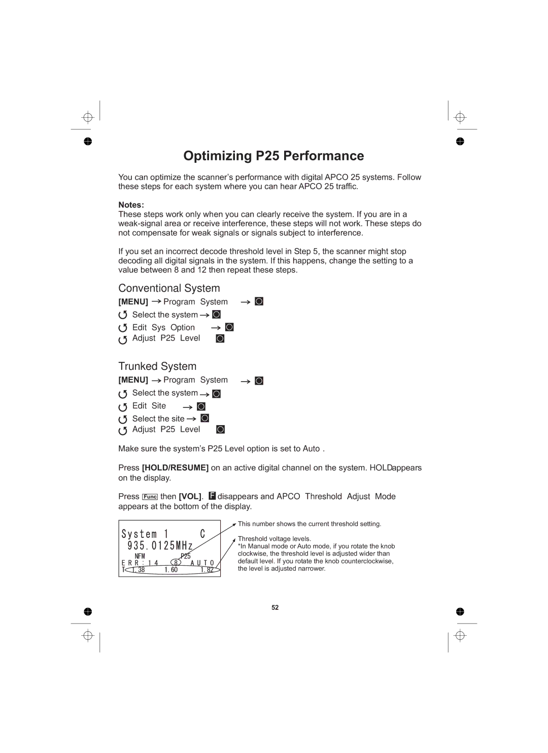 Uniden UBCD996T manual Optimizing P25 Performance, Conventional System, Trunked System, Edit Sys Option Adjust P25 Level 