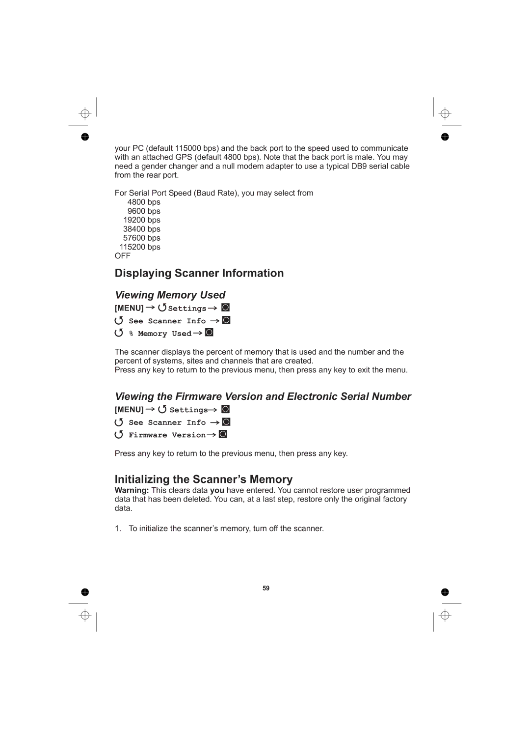 Uniden UBCD996T manual Displaying Scanner Information, Initializing the Scanner’s Memory, Viewing Memory Used 