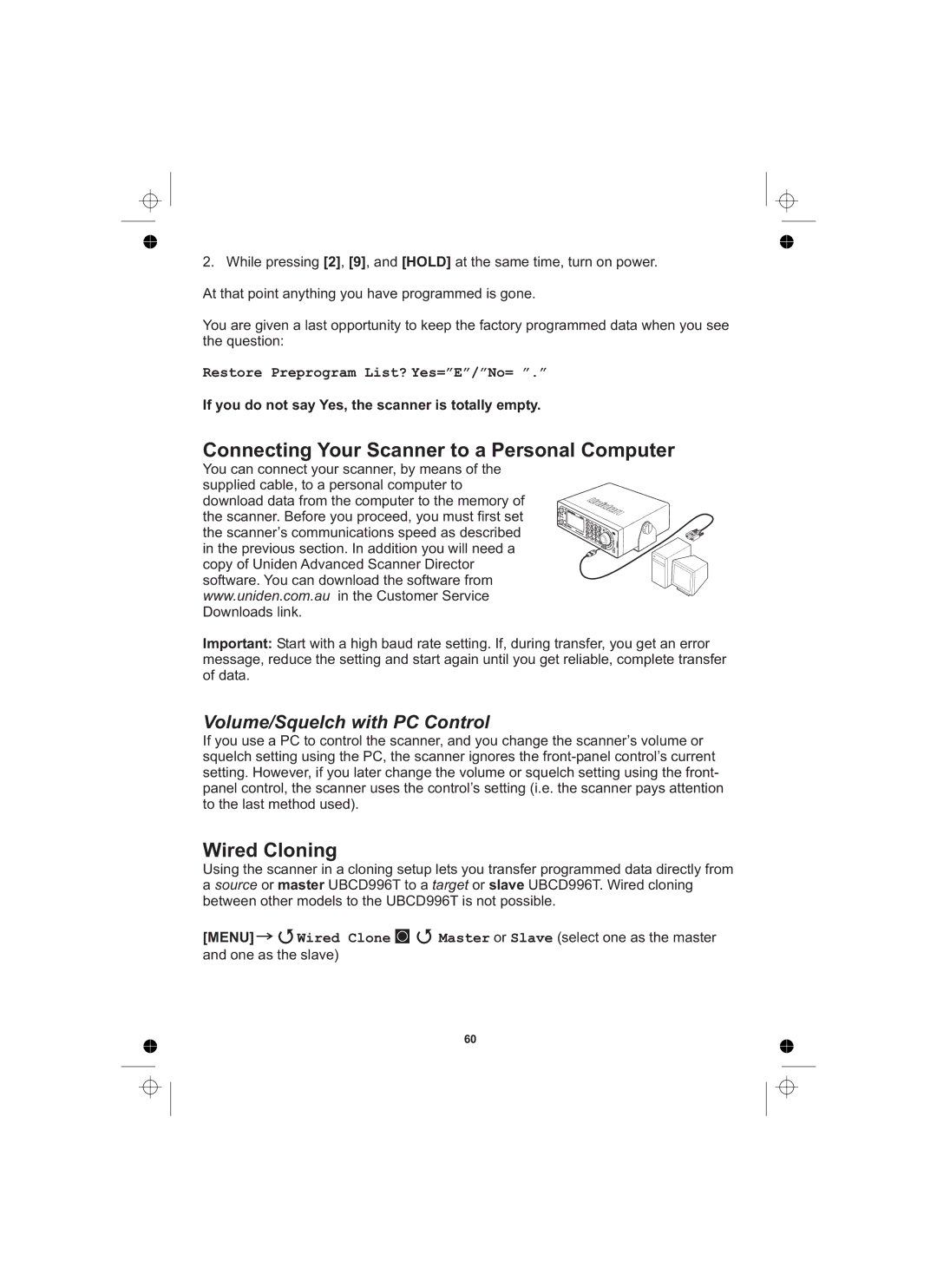 Uniden UBCD996T manual Connecting Your Scanner to a Personal Computer, Wired Cloning, Volume/Squelch with PC Control 