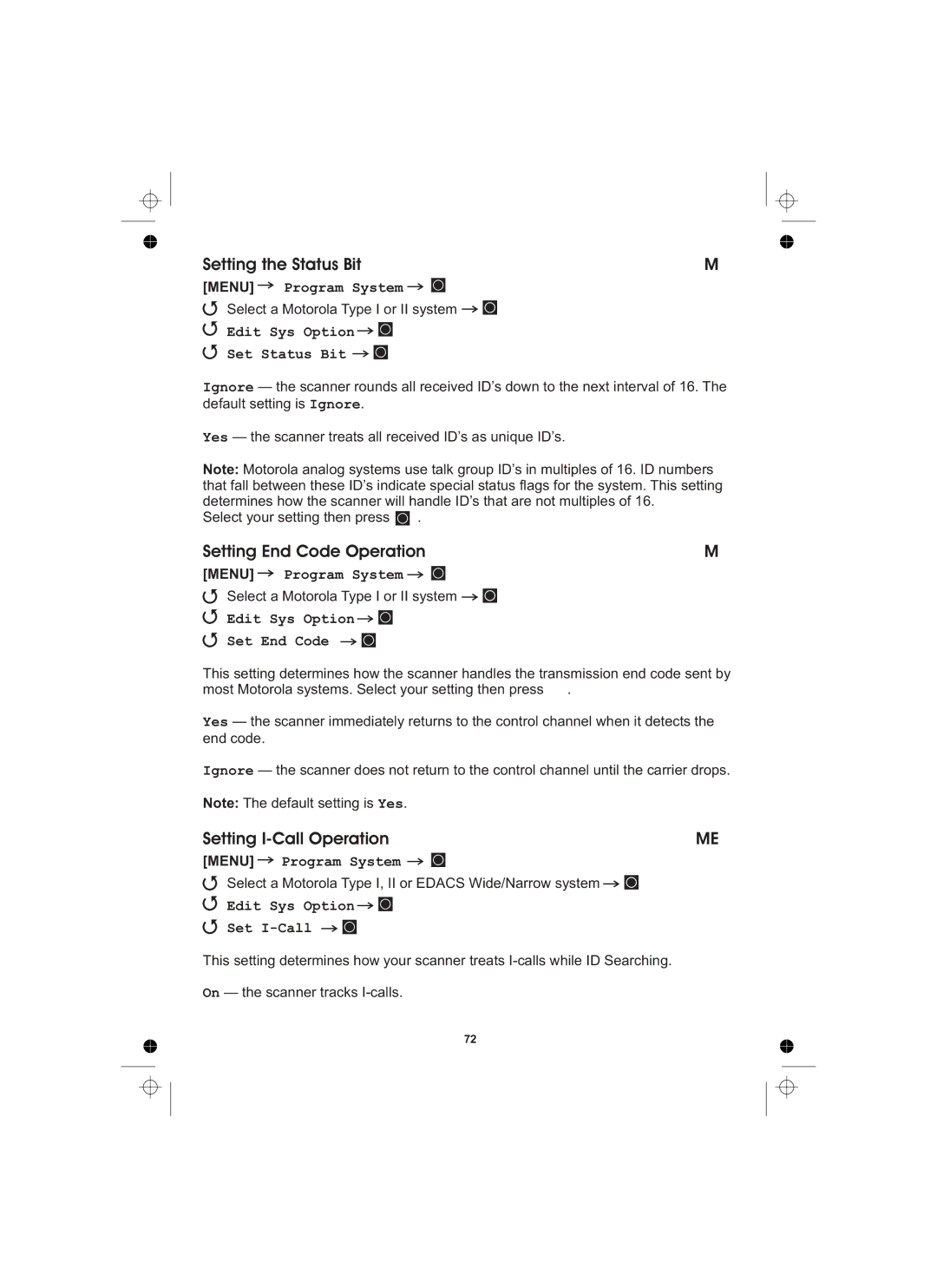 Uniden UBCD996T manual Setting the Status Bit, Setting End Code Operation, Setting I-Call Operation 