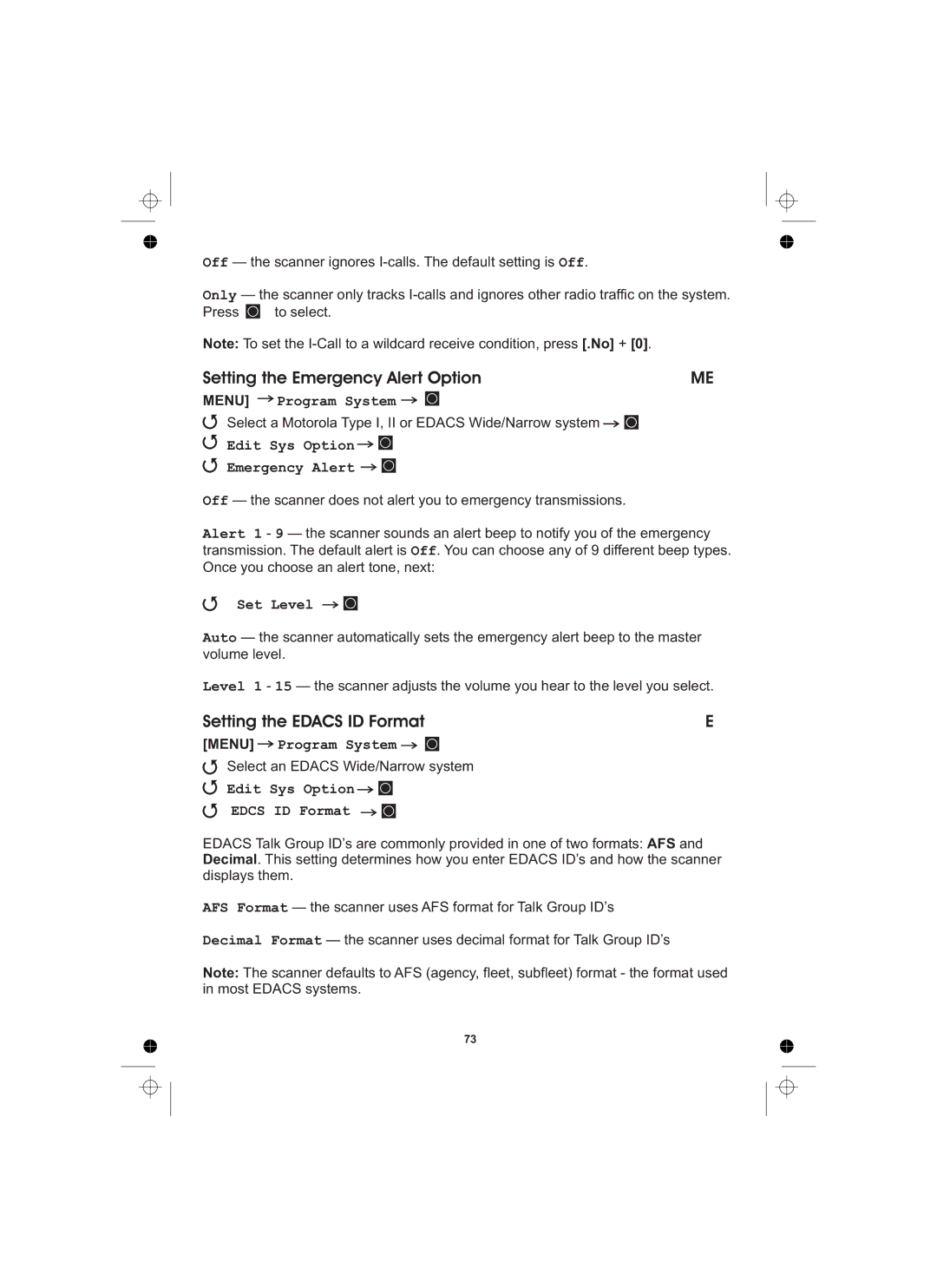 Uniden UBCD996T manual Setting the Emergency Alert Option, Setting the Edacs ID Format, Edit Sys Option Emergency Alert 