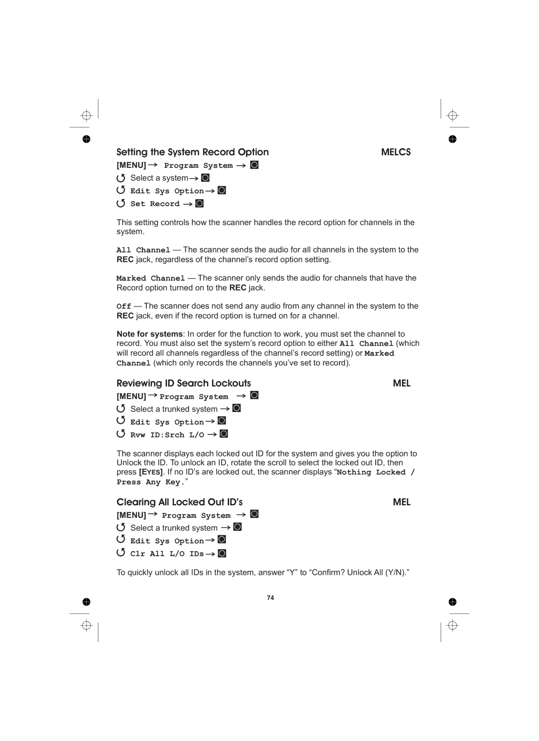 Uniden UBCD996T manual Setting the System Record Option, Reviewing ID Search Lockouts, Clearing All Locked Out ID’s 
