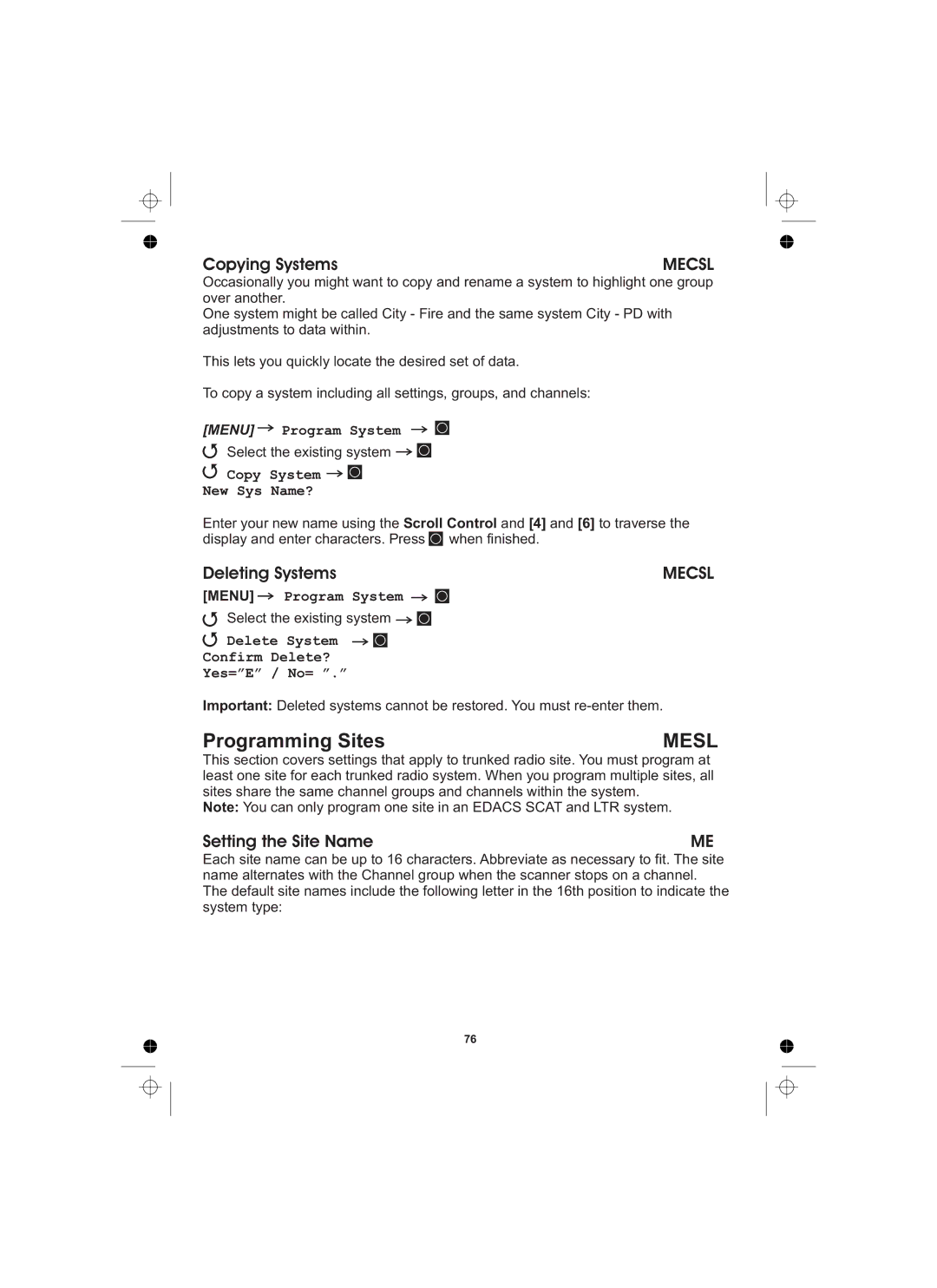 Uniden UBCD996T manual Programming Sites, Copying Systems, Deleting Systems, Setting the Site Name 