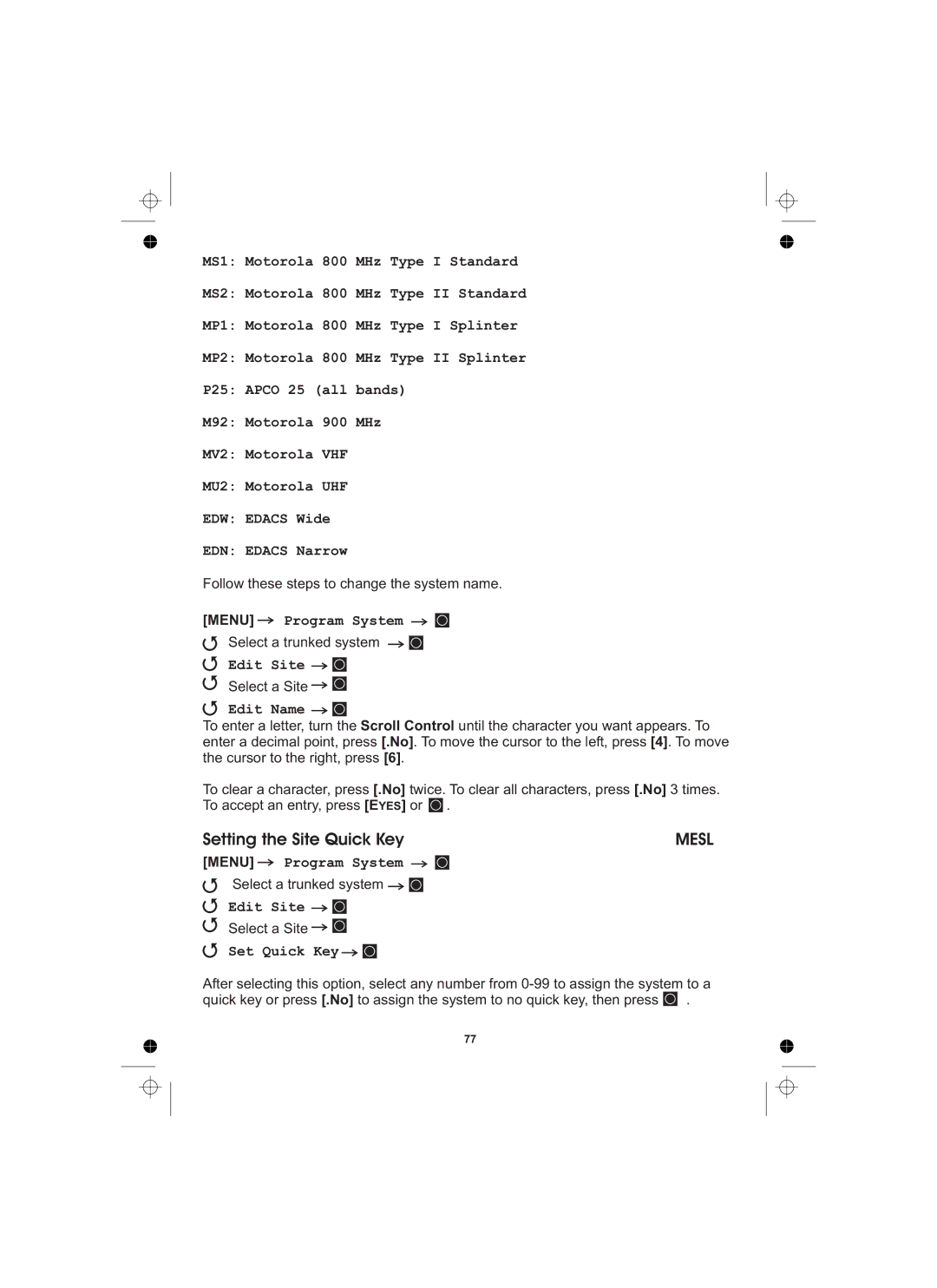 Uniden UBCD996T manual Setting the Site Quick Key, Menu Program System Select a trunked system Edit Site 