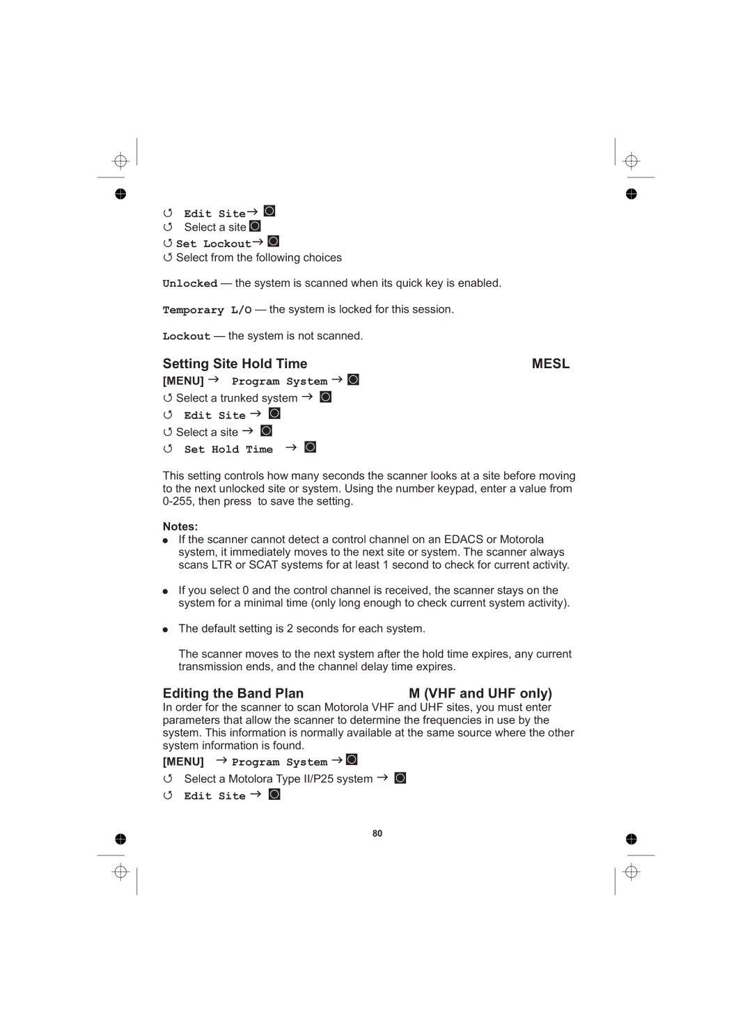 Uniden UBCD996T manual Setting Site Hold Time, Editing the Band Plan VHF and UHF only 