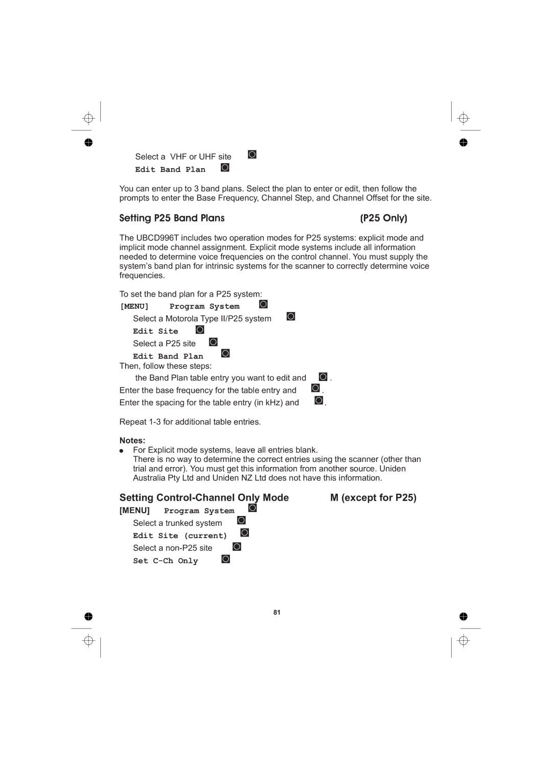 Uniden UBCD996T Setting P25 Band Plans, Setting Control-Channel Only Mode Except for P25, Edit Band Plan, Set C-Ch Only 