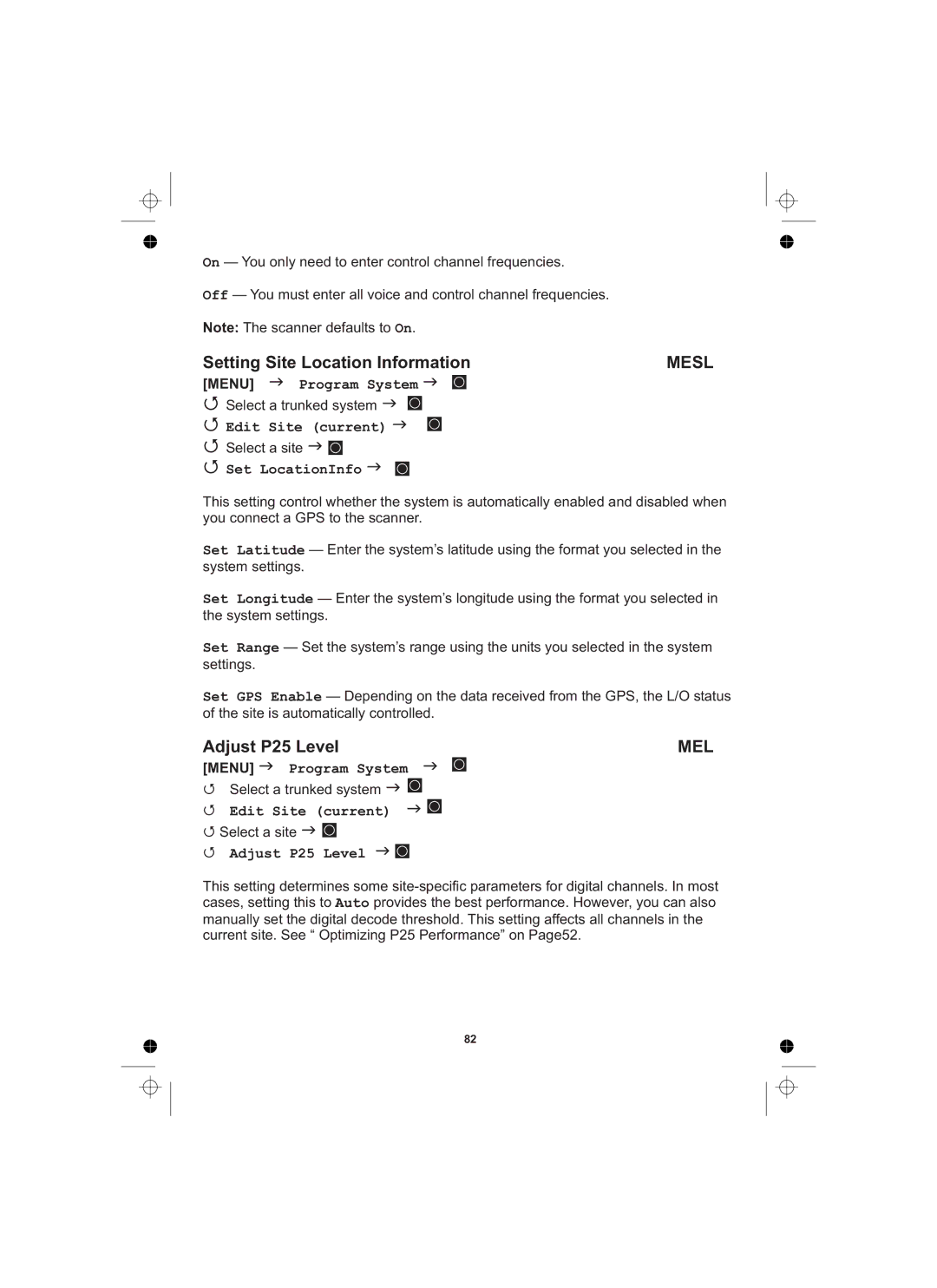 Uniden UBCD996T manual Setting Site Location Information, Adjust P25 Level 