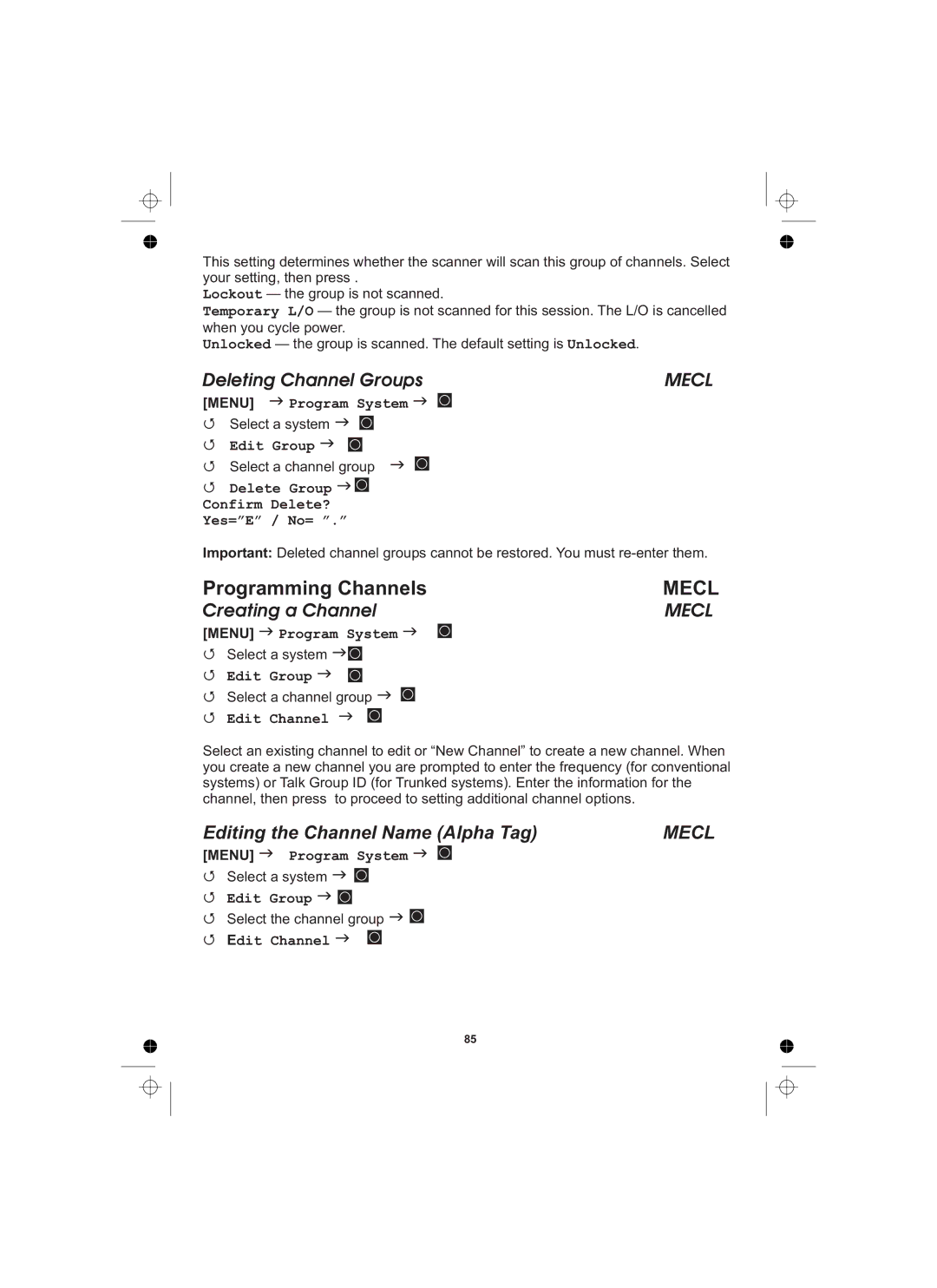 Uniden UBCD996T manual Deleting Channel Groups, Creating a Channel, Editing the Channel Name Alpha Tag, Edit Channel 