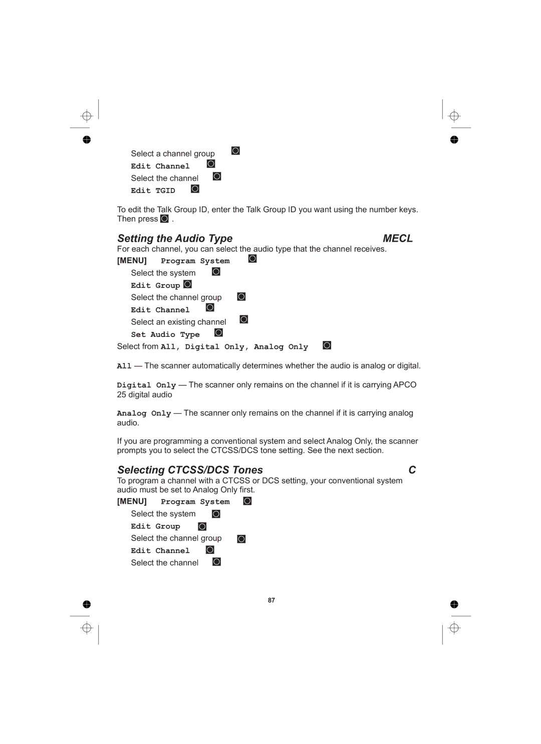 Uniden UBCD996T manual Setting the Audio Type, Selecting CTCSS/DCS Tones, Edit Tgid 