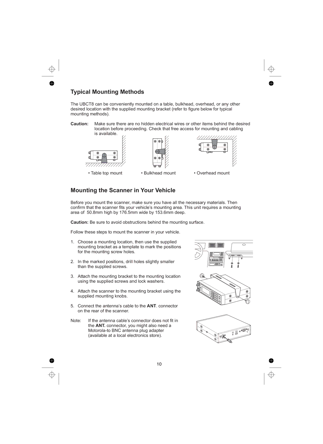 Uniden UBCT8 owner manual Typical Mounting Methods, Mounting the Scanner in Your Vehicle 