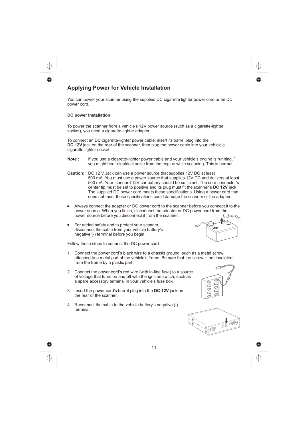 Uniden UBCT8 owner manual Applying Power for Vehicle Installation, DC power Installation 