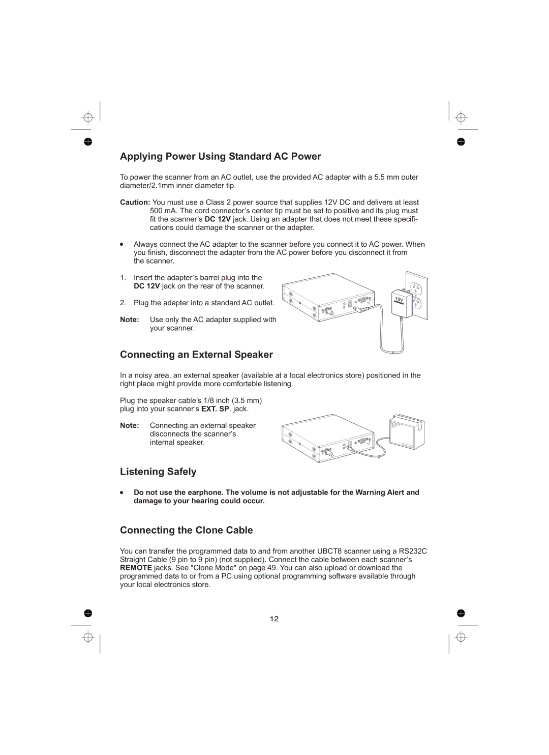 Uniden UBCT8 owner manual Applying Power Using Standard AC Power, Connecting an External Speaker, Listening Safely 