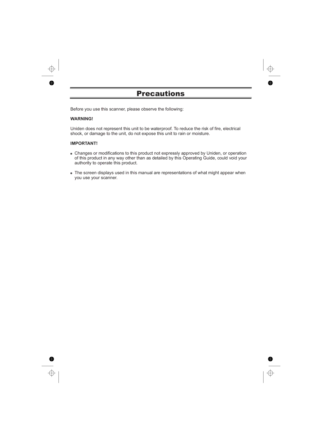 Uniden UBCT8 owner manual Precautions 