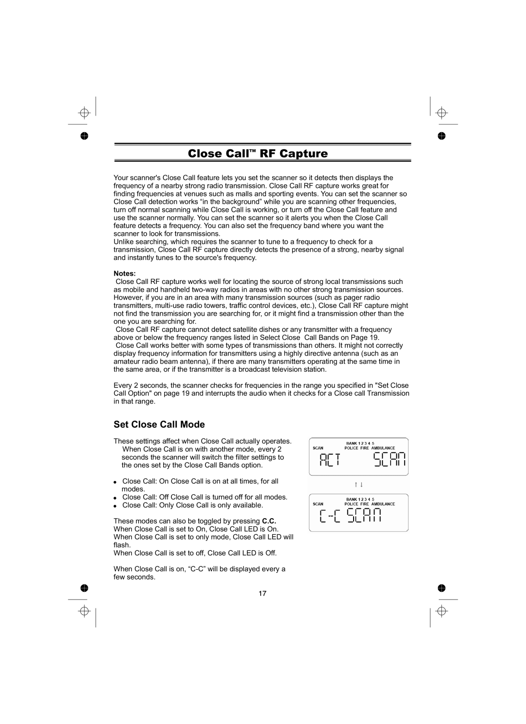 Uniden UBCT8 owner manual Close CallTM RF Capture, Set Close Call Mode 