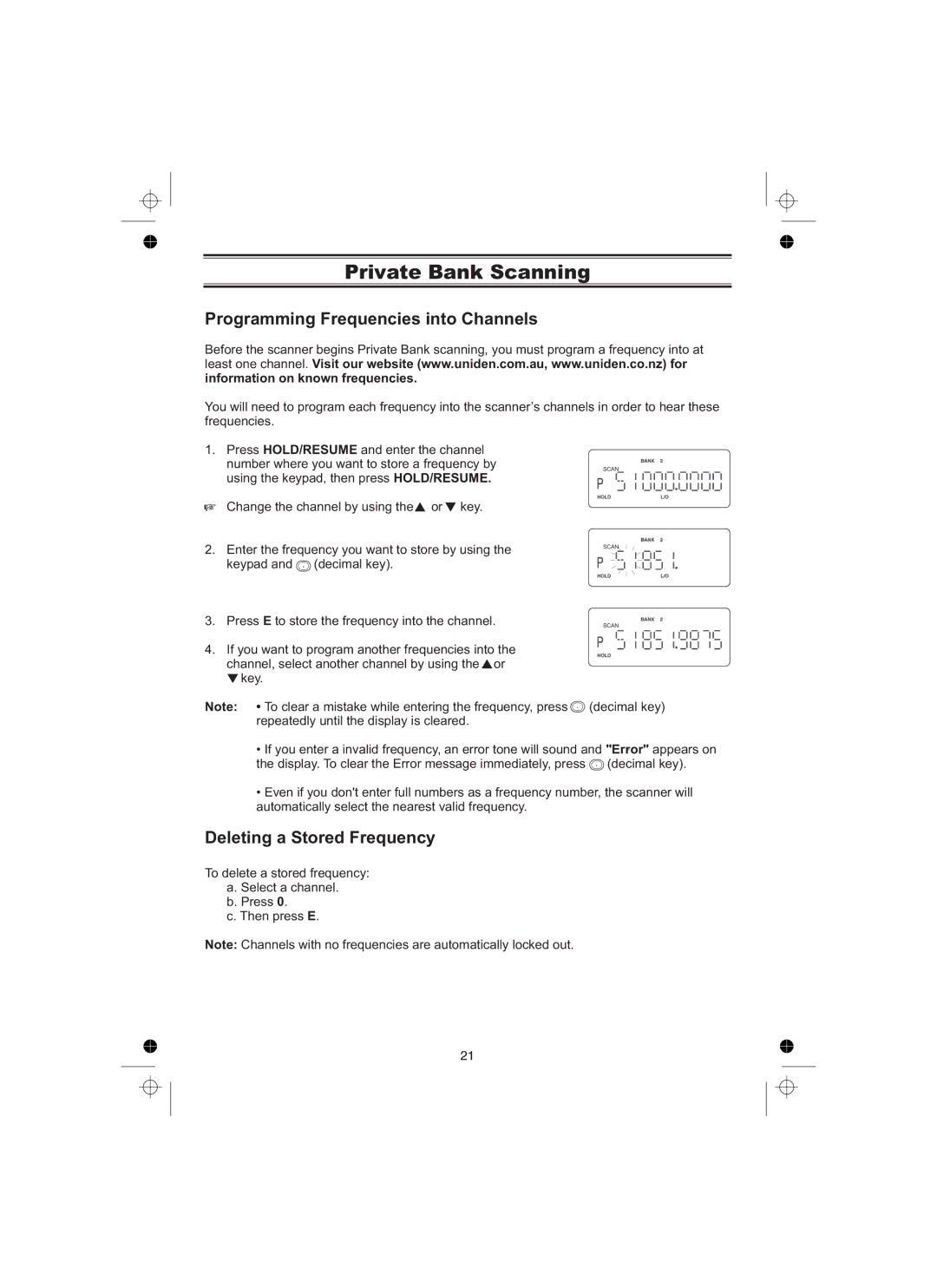 Uniden UBCT8 owner manual Private Bank Scanning, Programming Frequencies into Channels, Deleting a Stored Frequency 