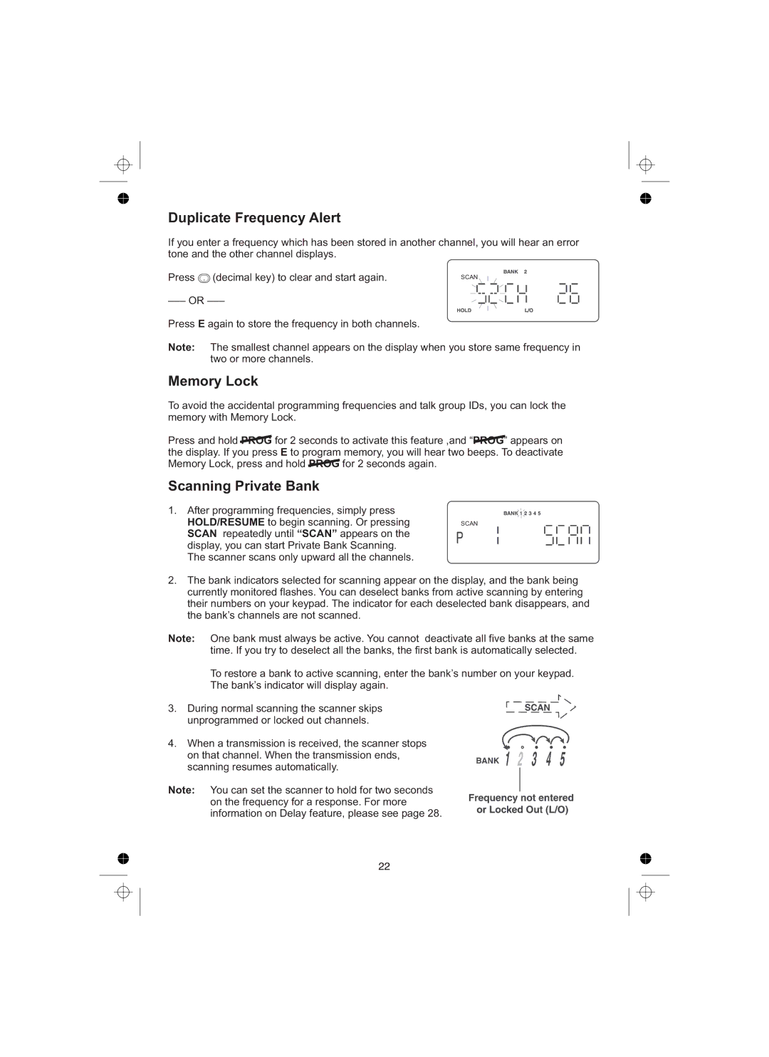 Uniden UBCT8 owner manual Duplicate Frequency Alert, Memory Lock, Scanning Private Bank 