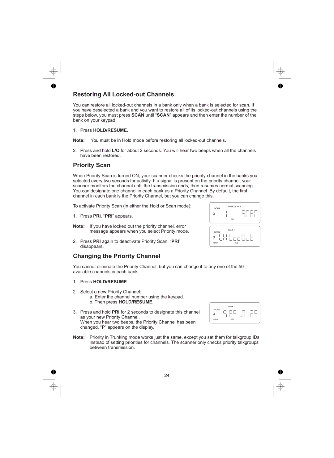 Uniden UBCT8 Restoring All Locked-out Channels, Priority Scan, Changing the Priority Channel, Then press HOLD/RESUME 