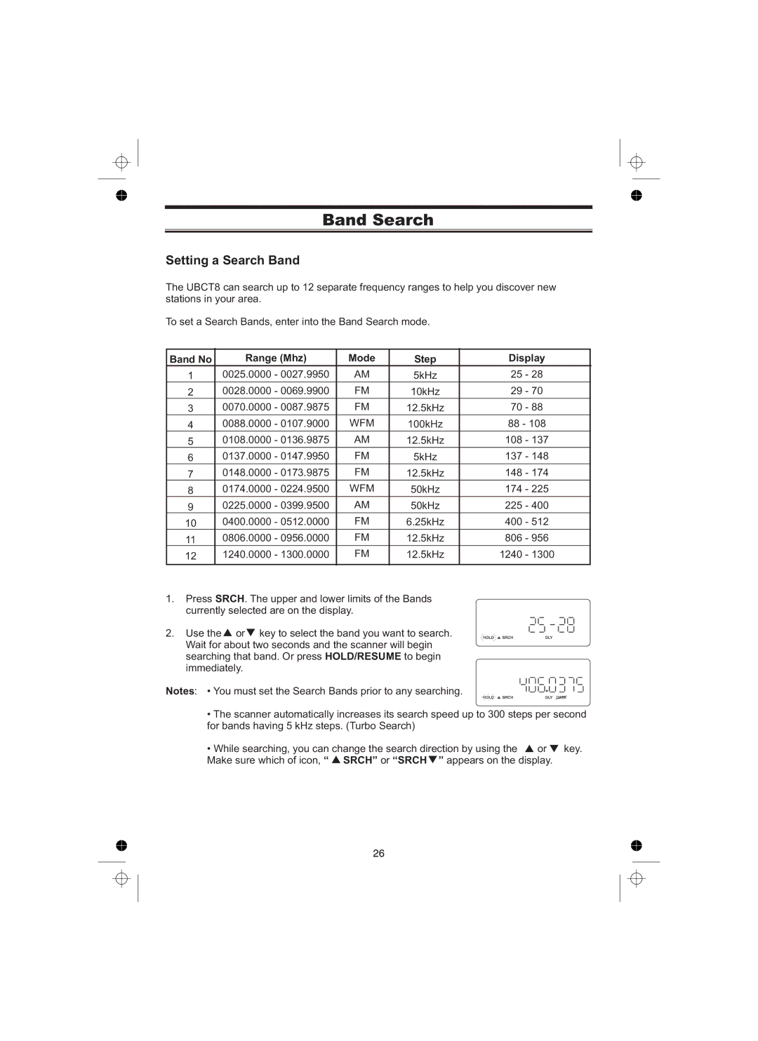 Uniden UBCT8 owner manual Band Search, Band No Range Mhz Mode Step Display 