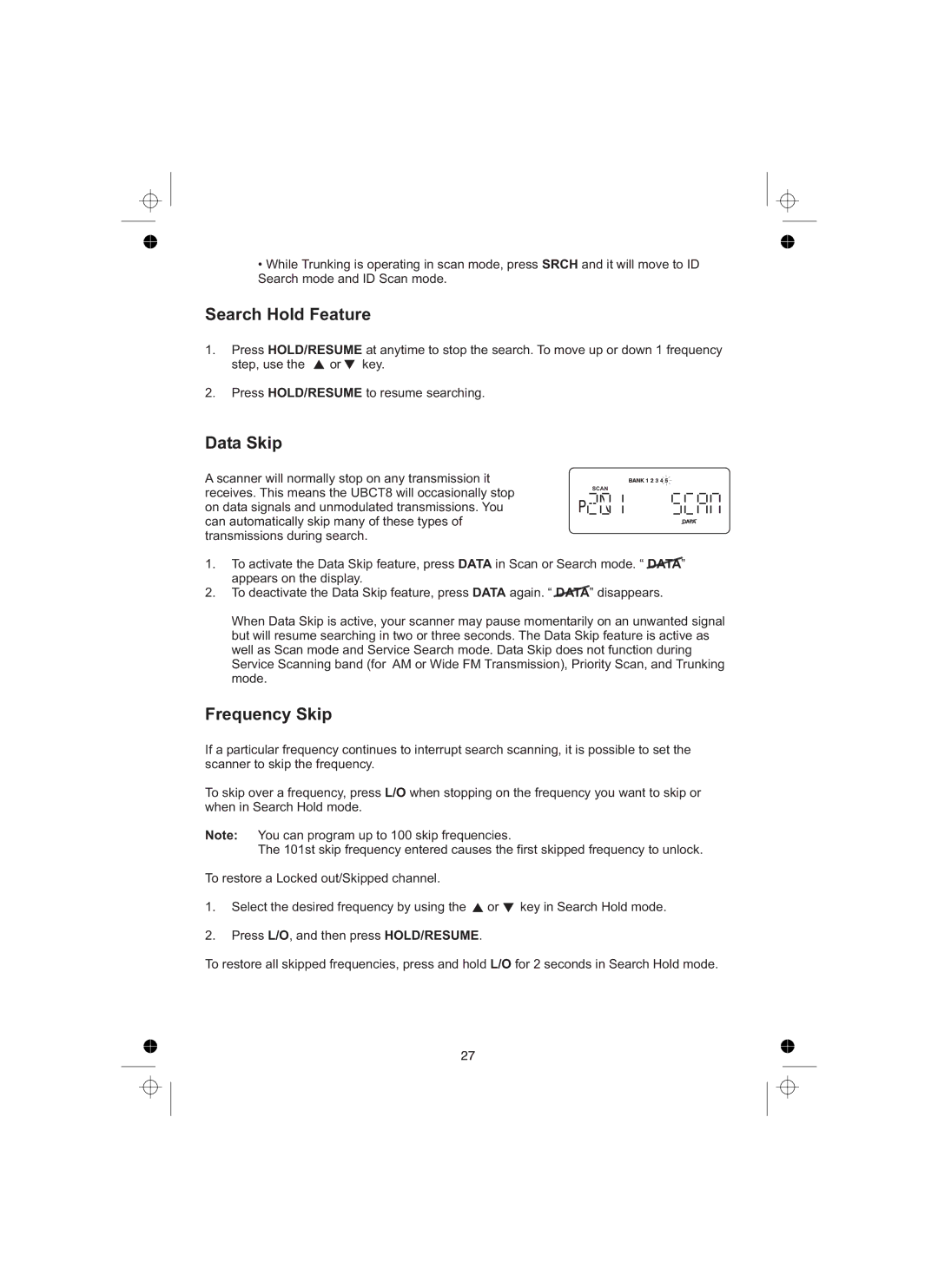 Uniden UBCT8 owner manual Search Hold Feature, Data Skip, Frequency Skip 